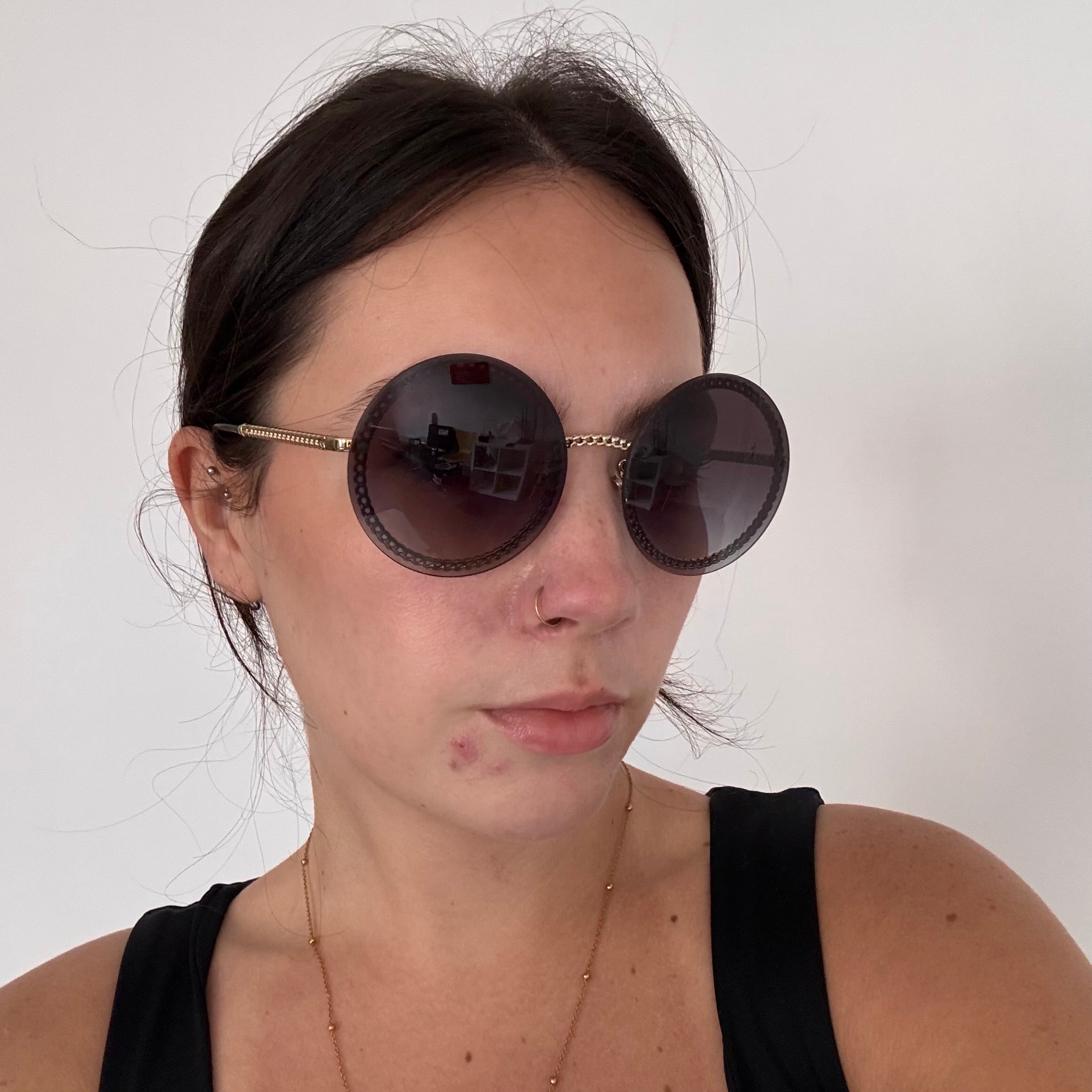 Chanel 4245 Round Chain Detail Sunglasses Black Gold | Designer