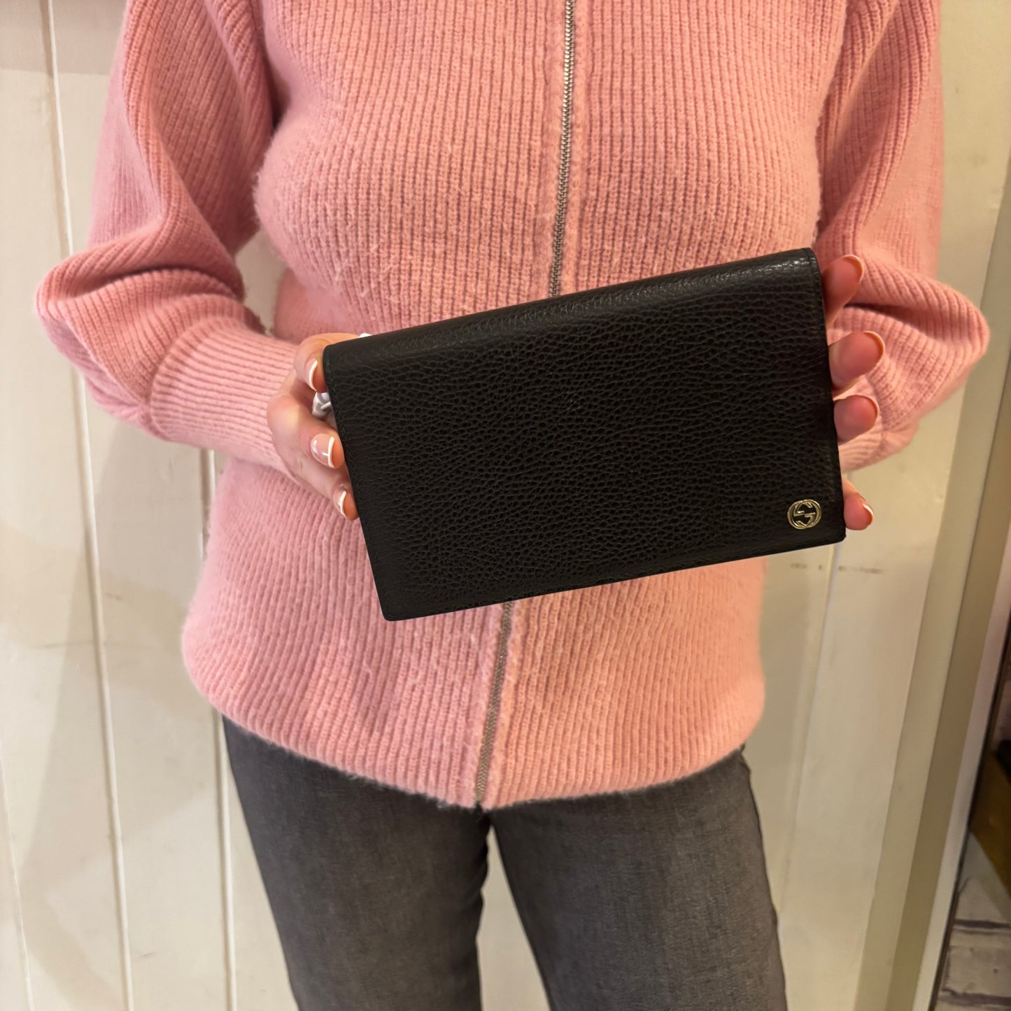 Gucci Black Leather Small Interlocking GG Logo Wallet (missing chain strap)