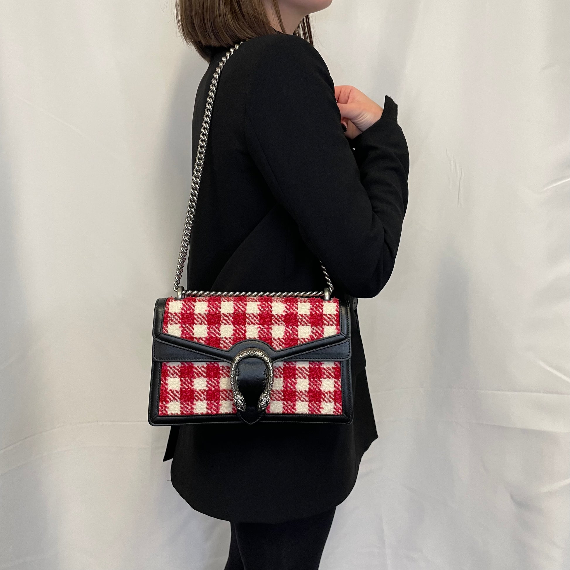 Gucci Red Pink Tweed Small Dionysus Shoulder Bag