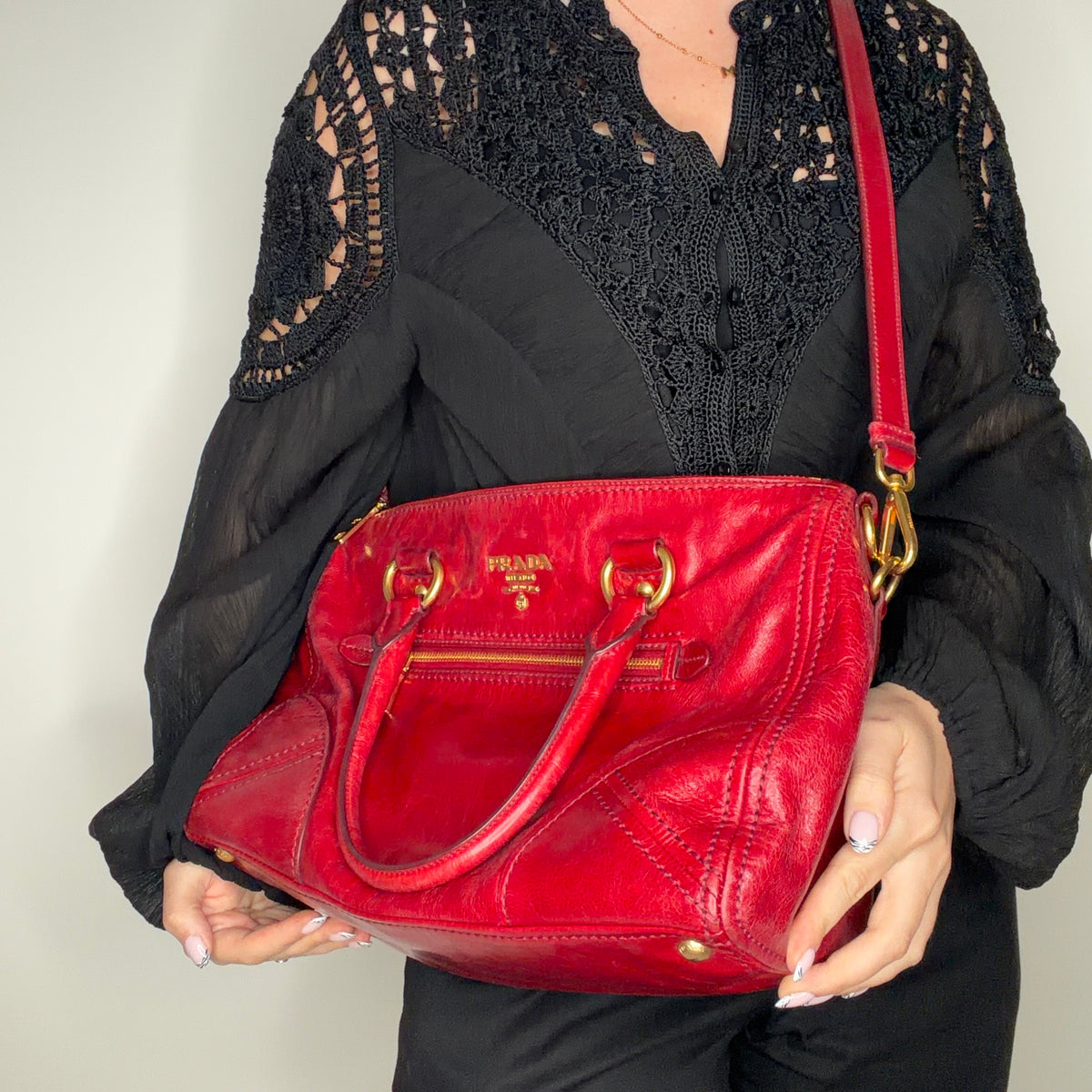 Prada 2 Way Bag With Strap Red GHW