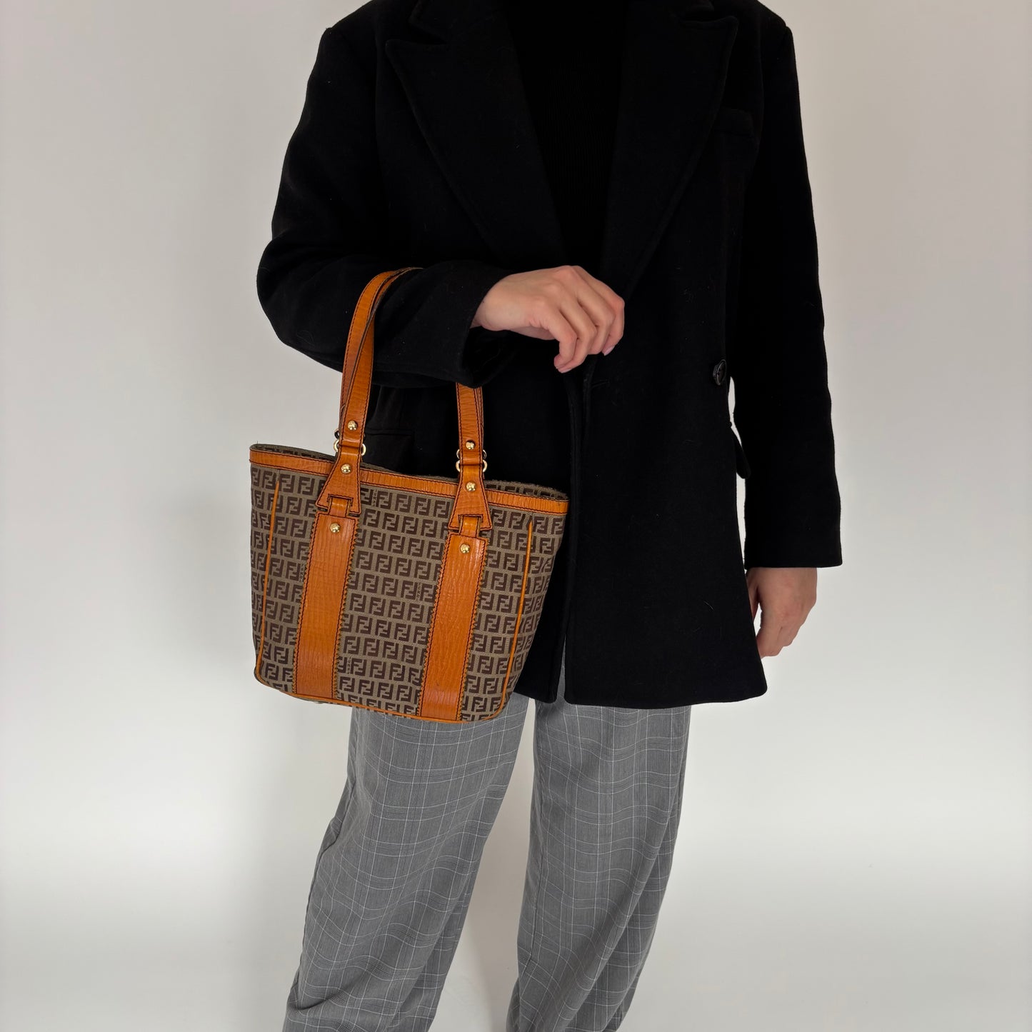 Fendi Zucchino and Orange Leather Trim Open Tote Bag