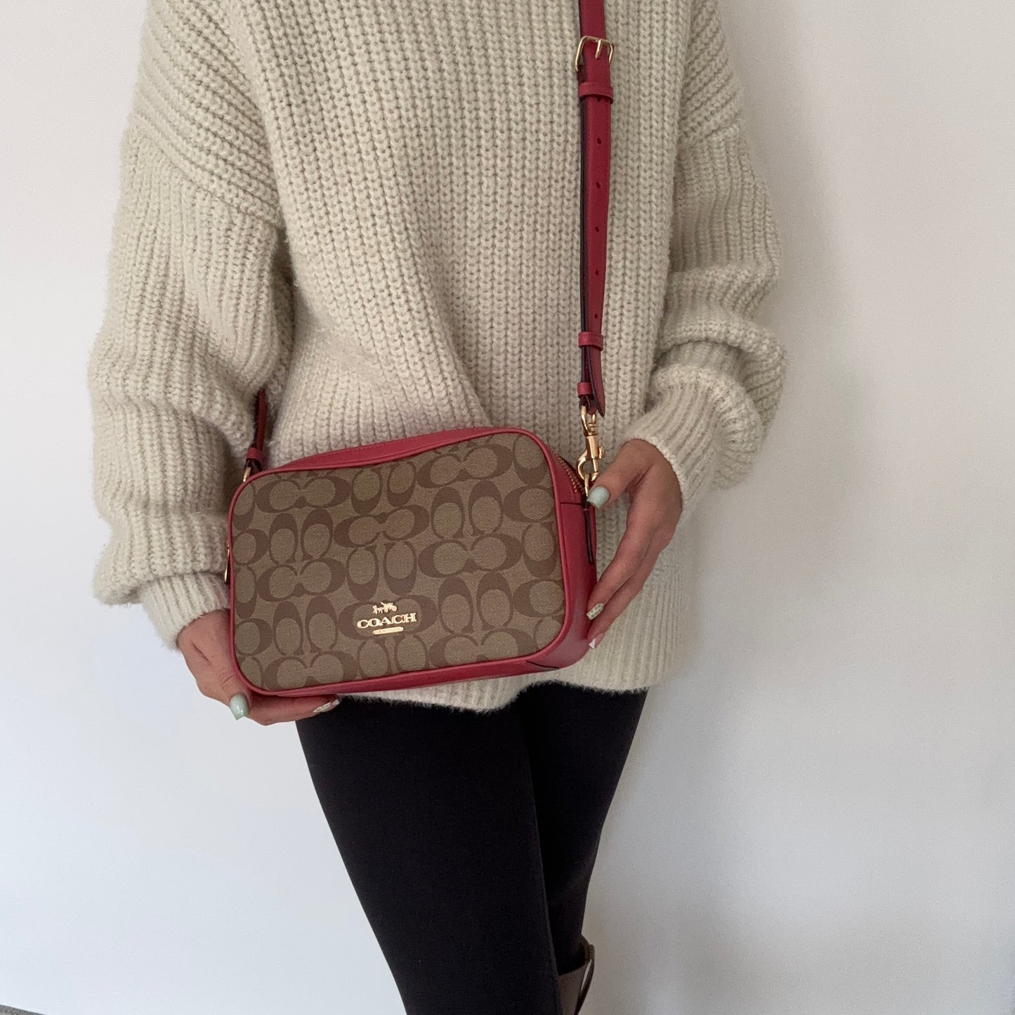 Coach Jes Camera Bag Large Signature Canvas and Pink Leather