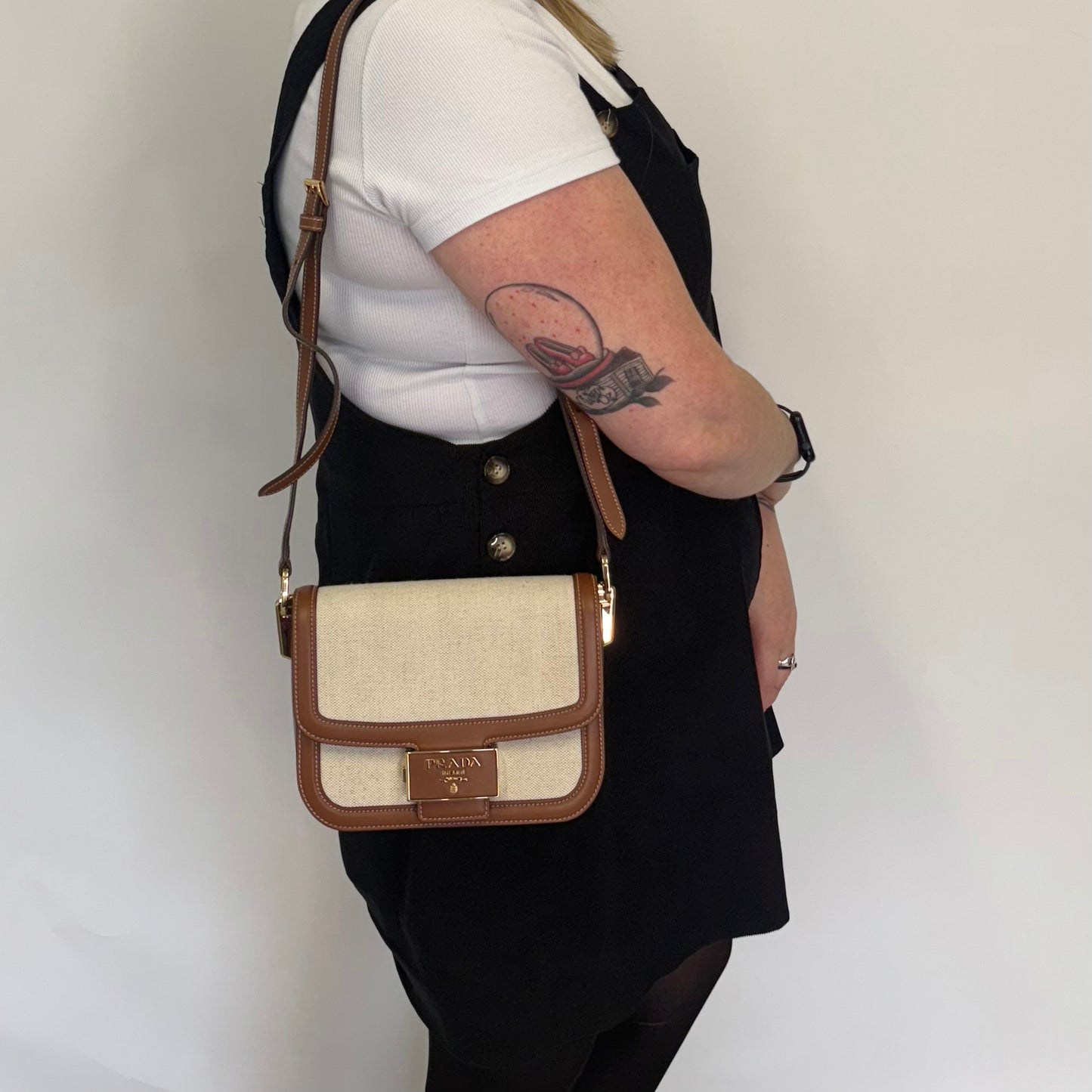 Prada Embleme Flap Bag Brown Leather and Linen