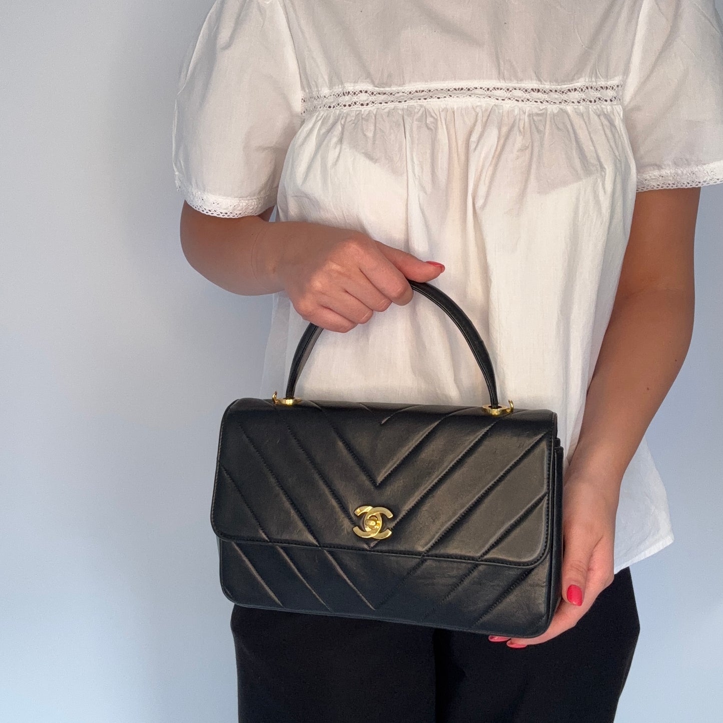Chanel Top Handle Kelly Bag Vintage Chevron Lambskin GHW with Chain