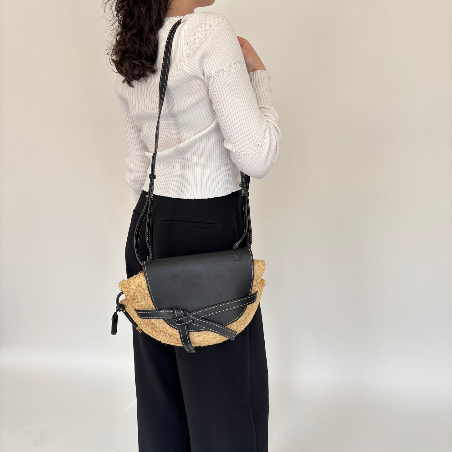 Loewe Raffia and Navy Leather Gate Bag