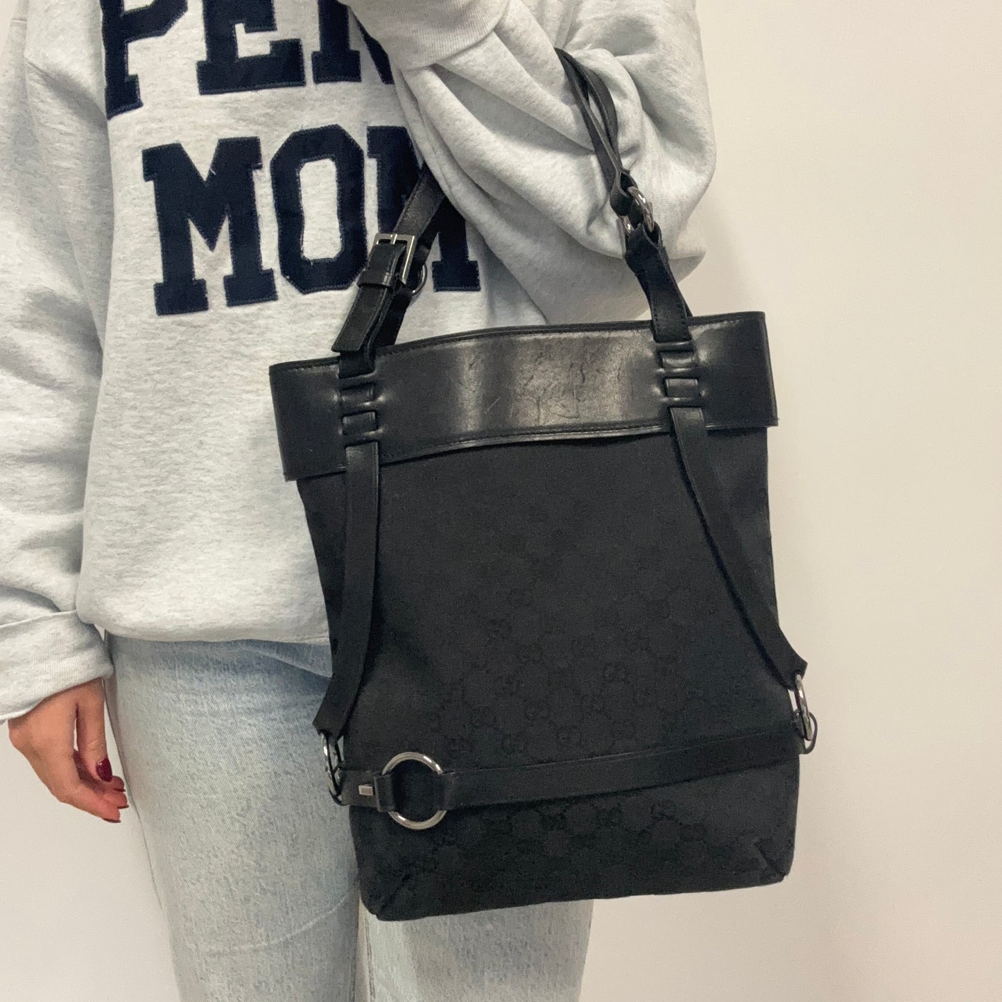 Gucci Snaffle Shoulder Bag Vintage In Black GG Canvas & Leather