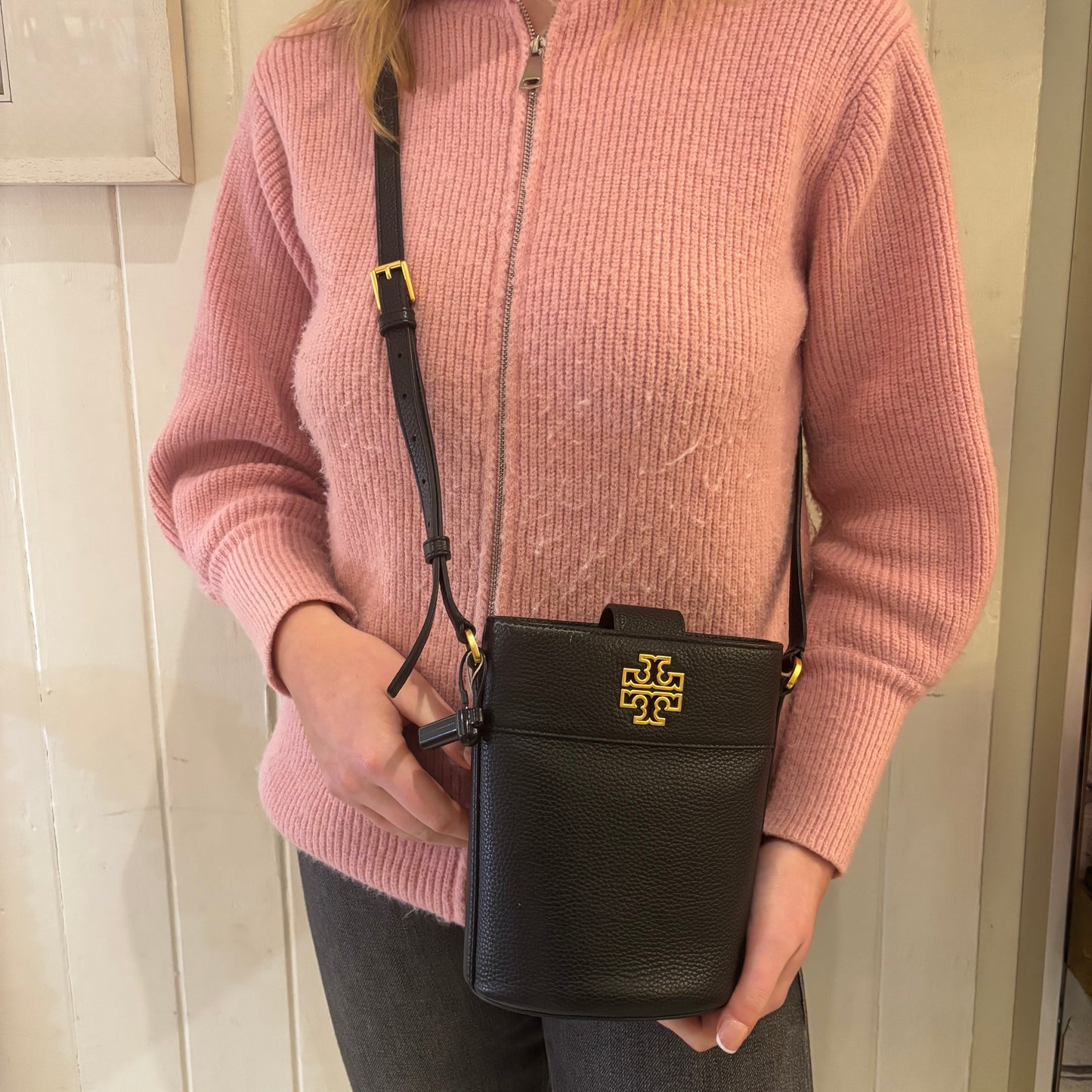 Tory Burch Britten Pebbled Leather Bucket Bag Black