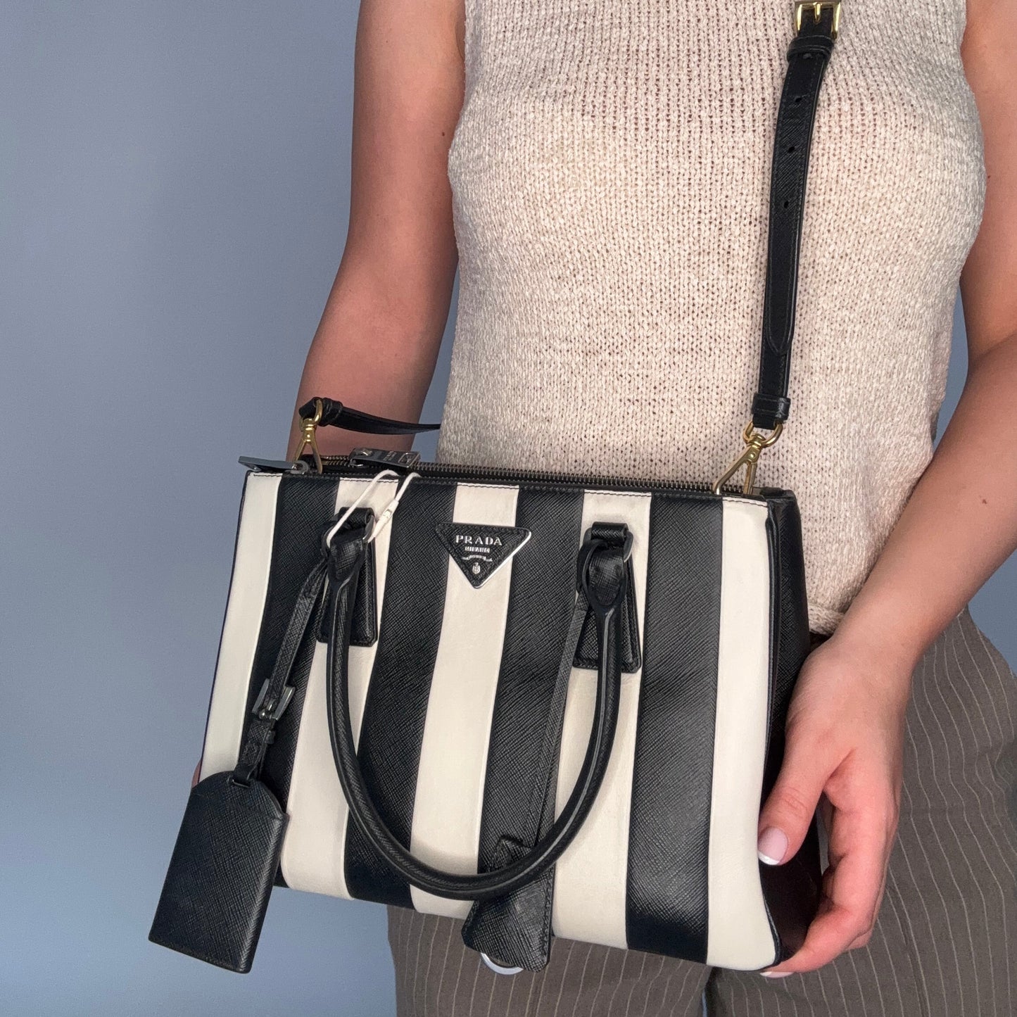 Prada Galleria Double Zip Black and White Stripe Saffiano and Calfskin