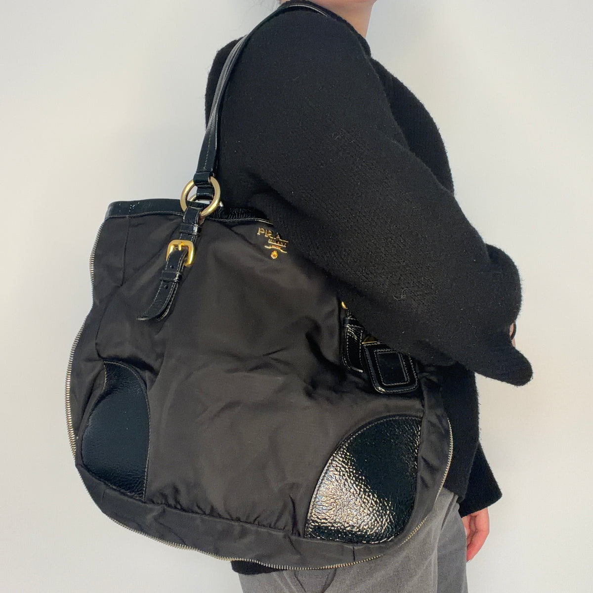 Prada Zip Around Tote Bag Black Nylon and Patent