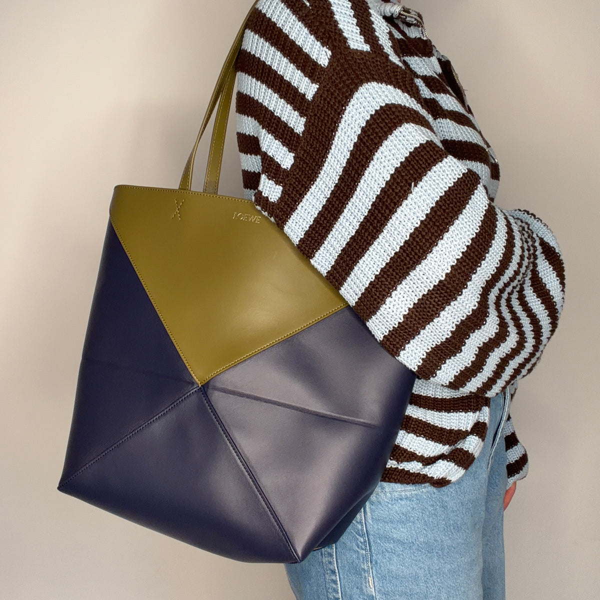 Loewe Puzzle Fold Tote Medium In Dark Khaki and Abyss Blue