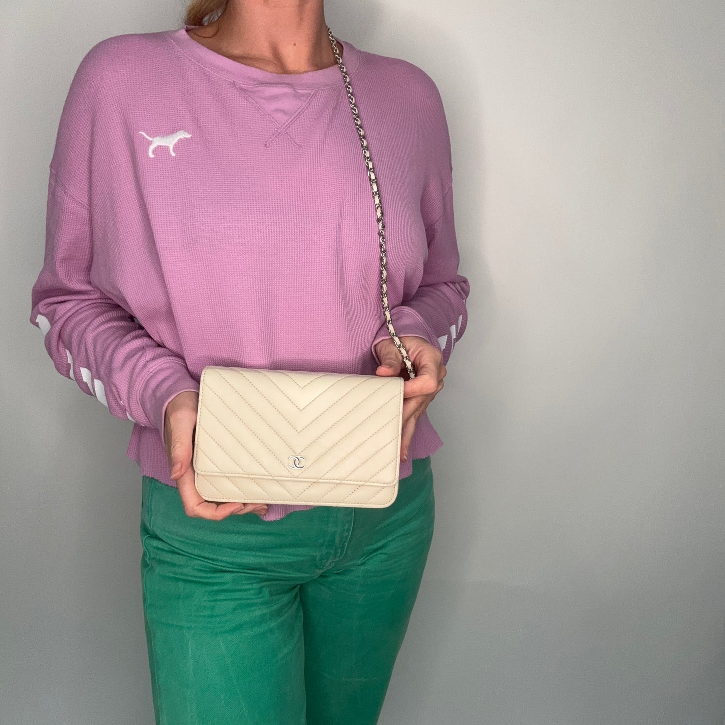 Chanel Wallet On Chain In Ivory Chevron Calfskin