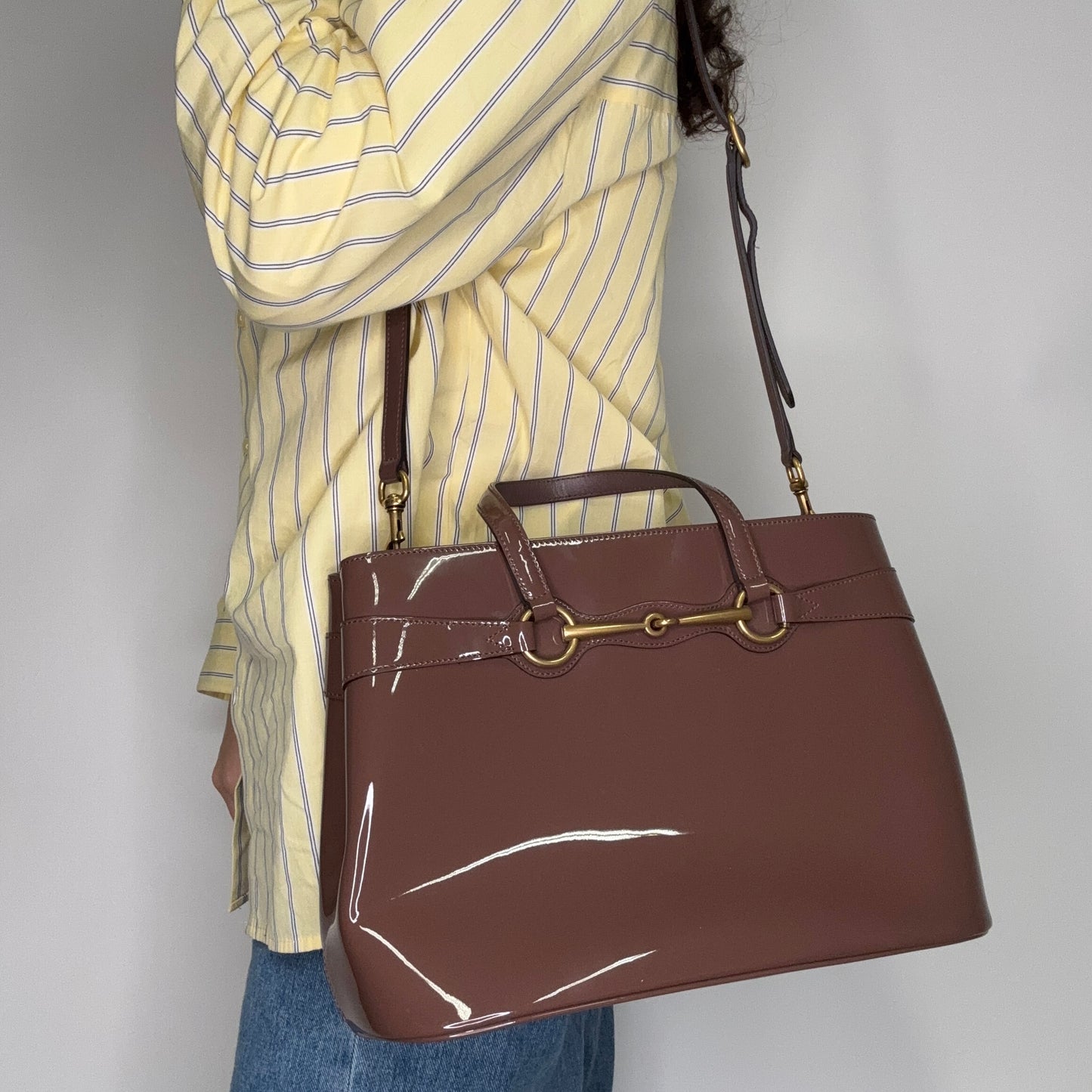 Gucci Horsebit Tote with Strap Mocha Patent Leather GHW
