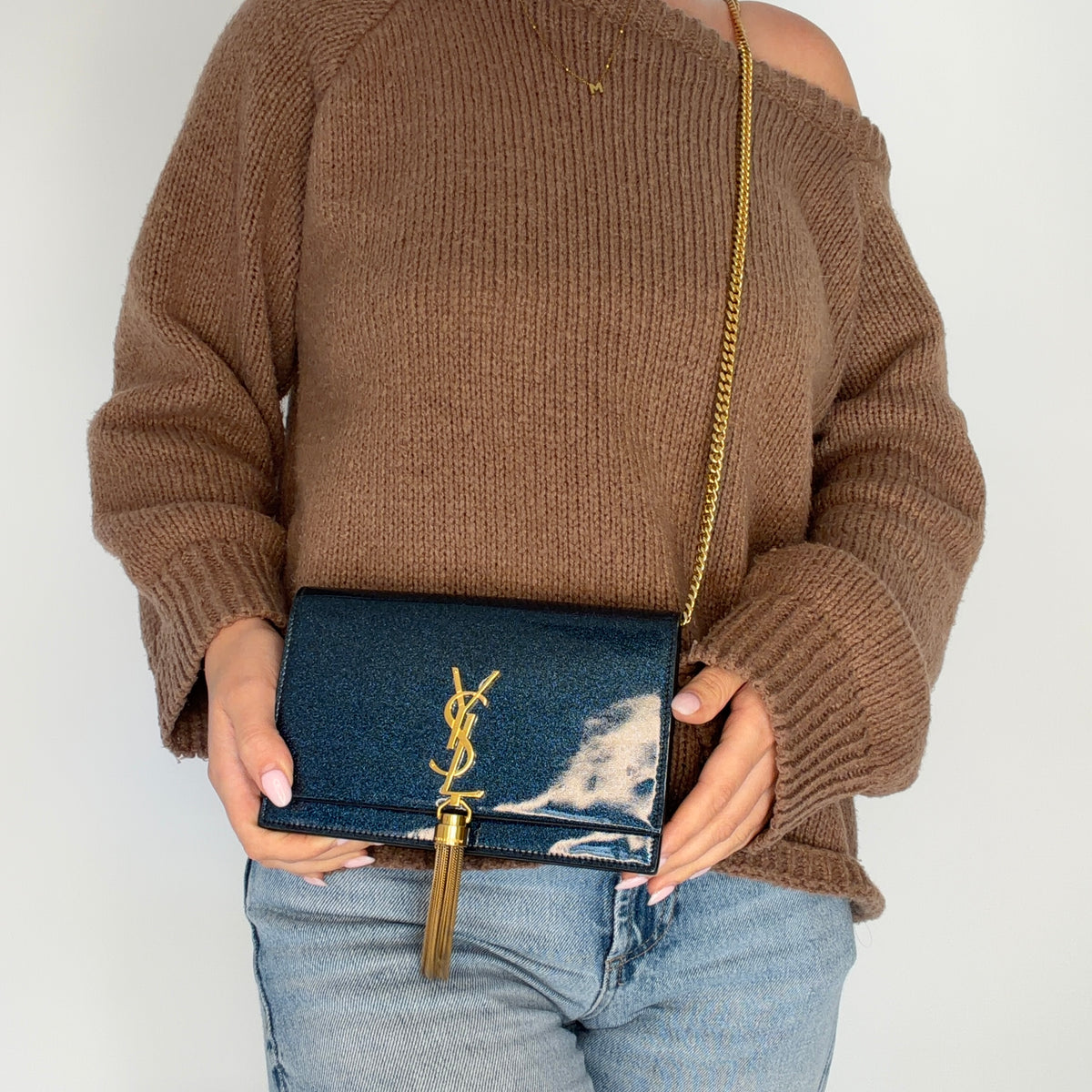 Saint Laurent Kate Tassel Wallet On Chain In Blue Sparkle Patent Leather