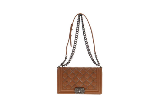 Chanel Tan Leather Studded Medium Boy Bag 2015/16