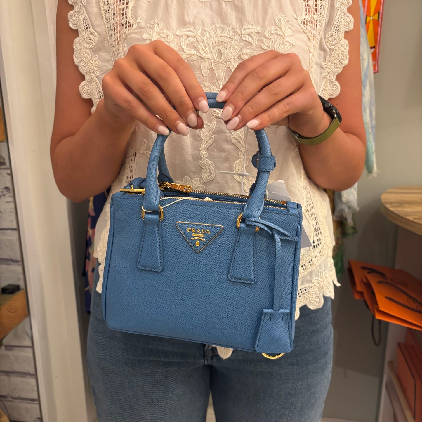 Prada Mini Galleria Saffiano Leather Onda (Blue) with Strap