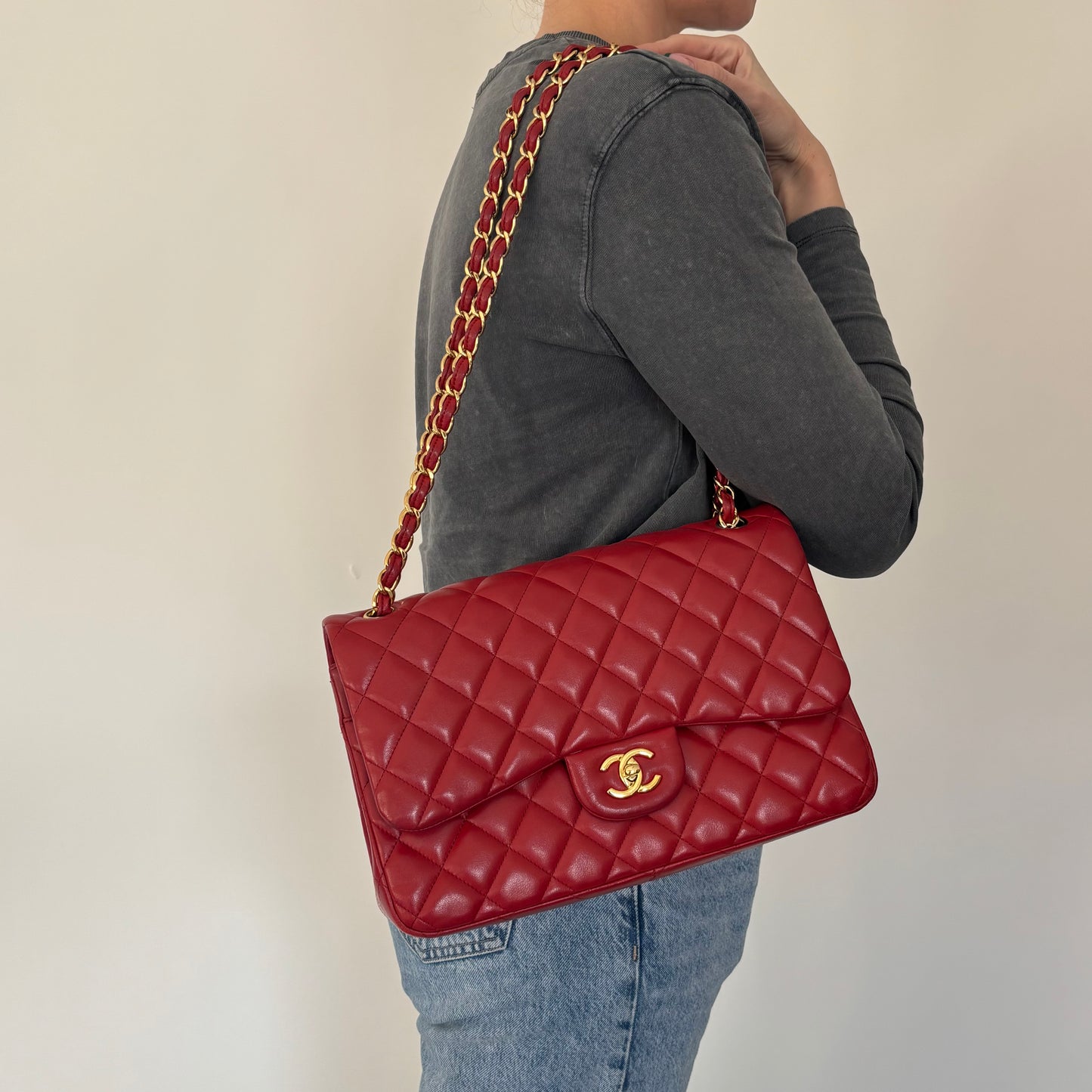 Chanel Ruby Red Lambskin GHW Classic Jumbo Double Flap Bag 2015/16