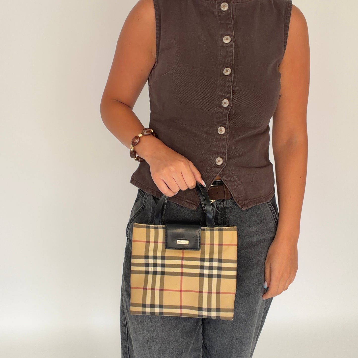 Burberry Tote Mini Check Coated Canvas and Black Leather