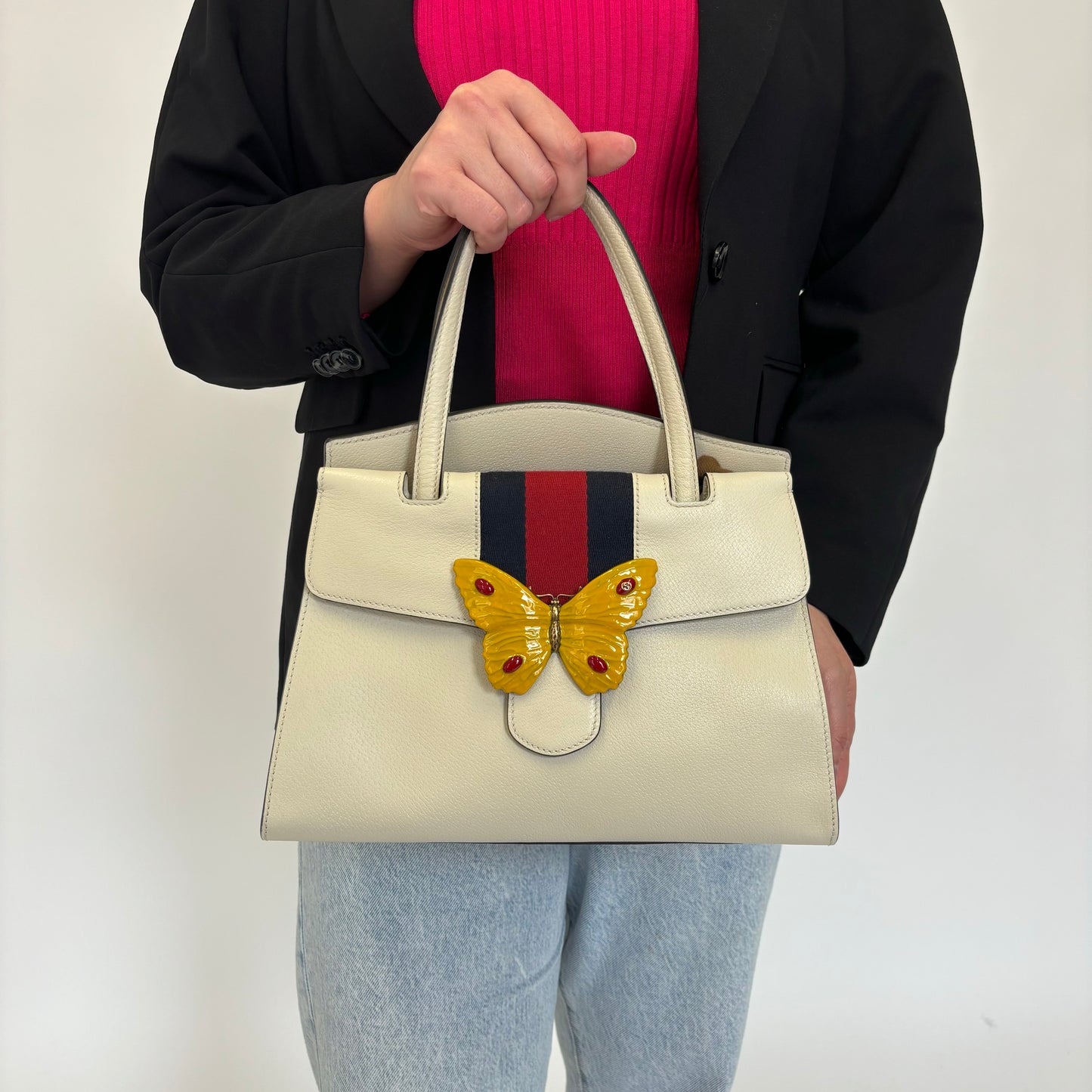 Gucci Ivory Leather Linea Medium Butterfly Totem Tote