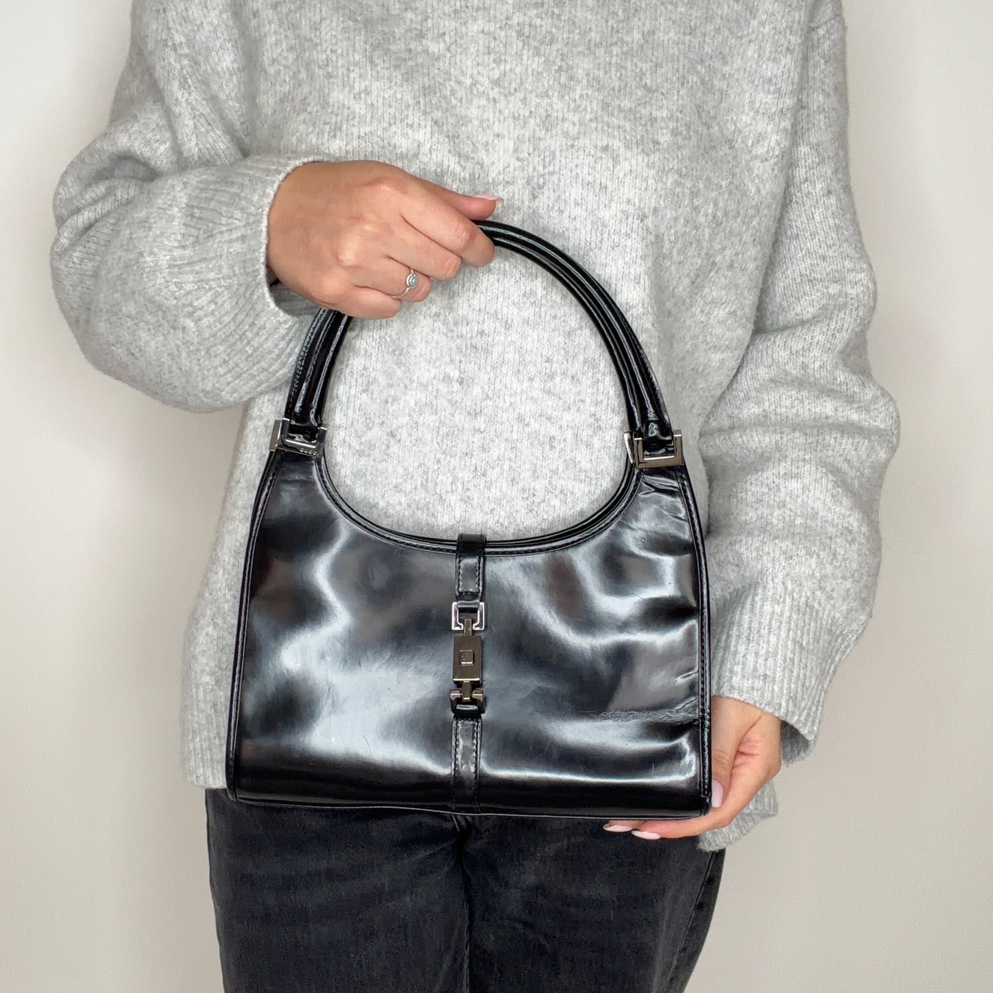Gucci Jackie Bardot Vintage Black Smooth Leather SHW