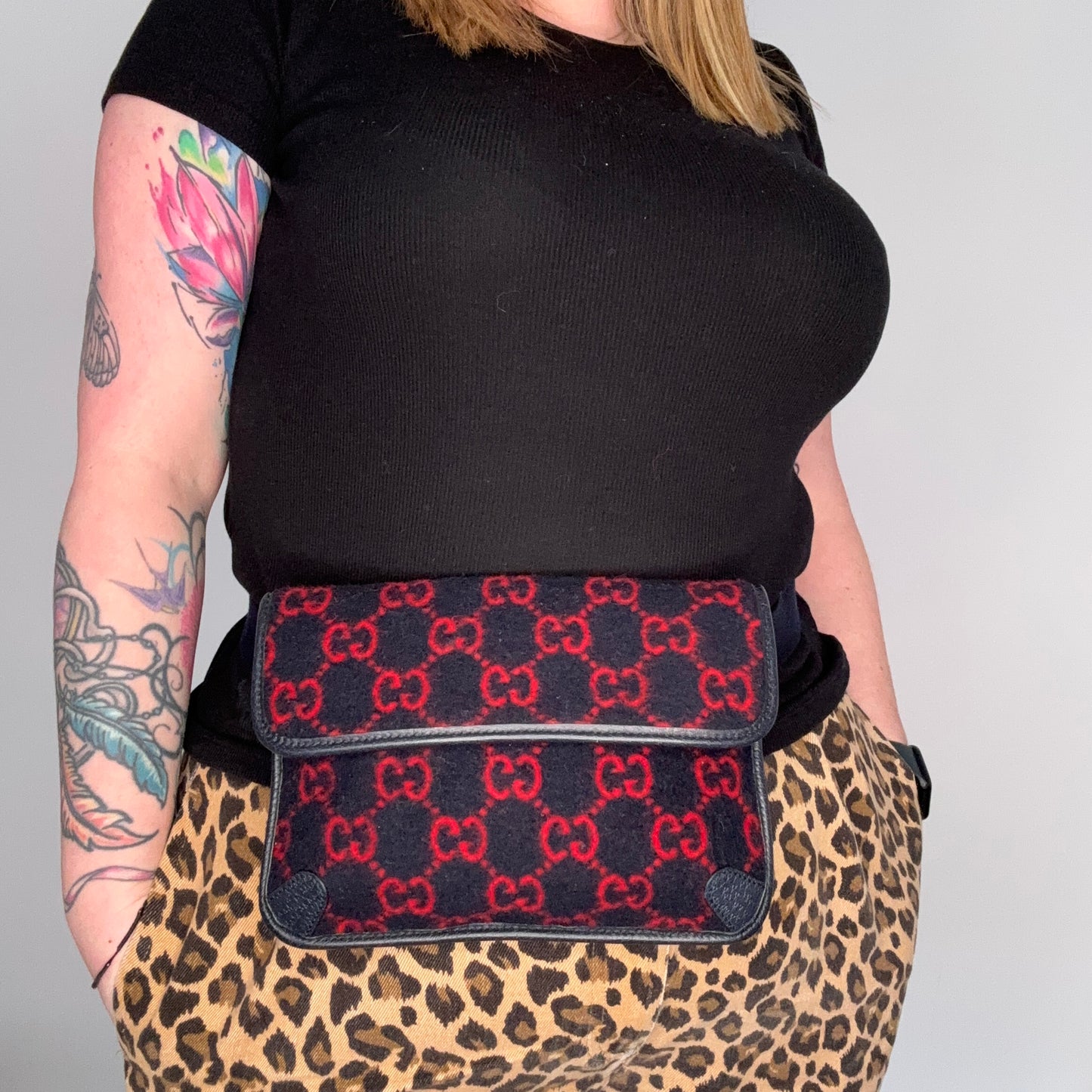 Gucci Waist Bag GG Wool Red and Navy