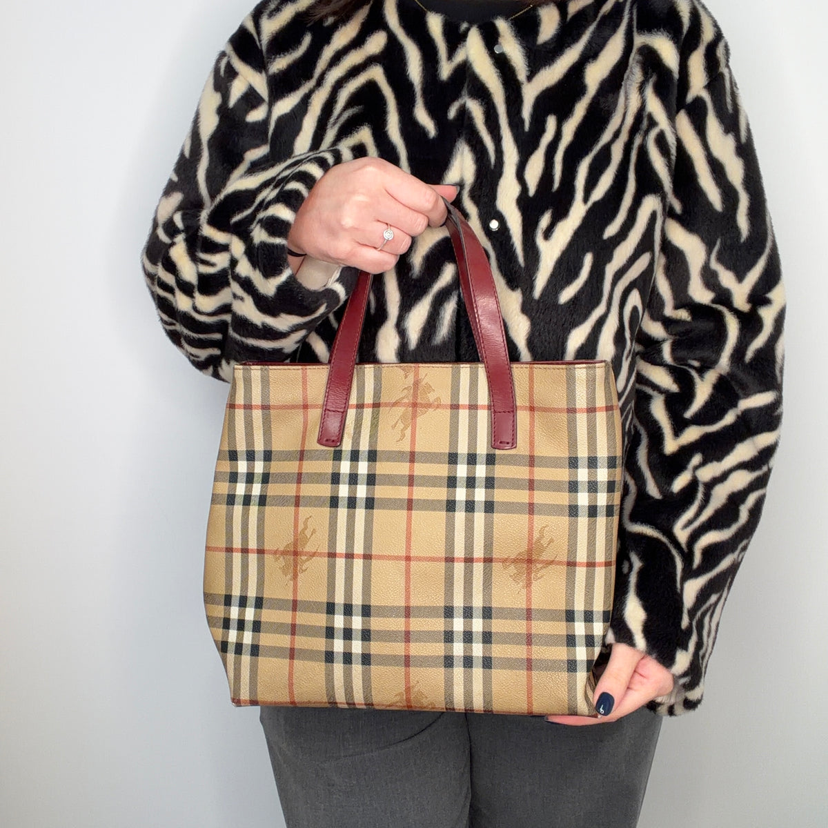 Burberry Tote Coated Canvas and Red Leather Trim Vintage