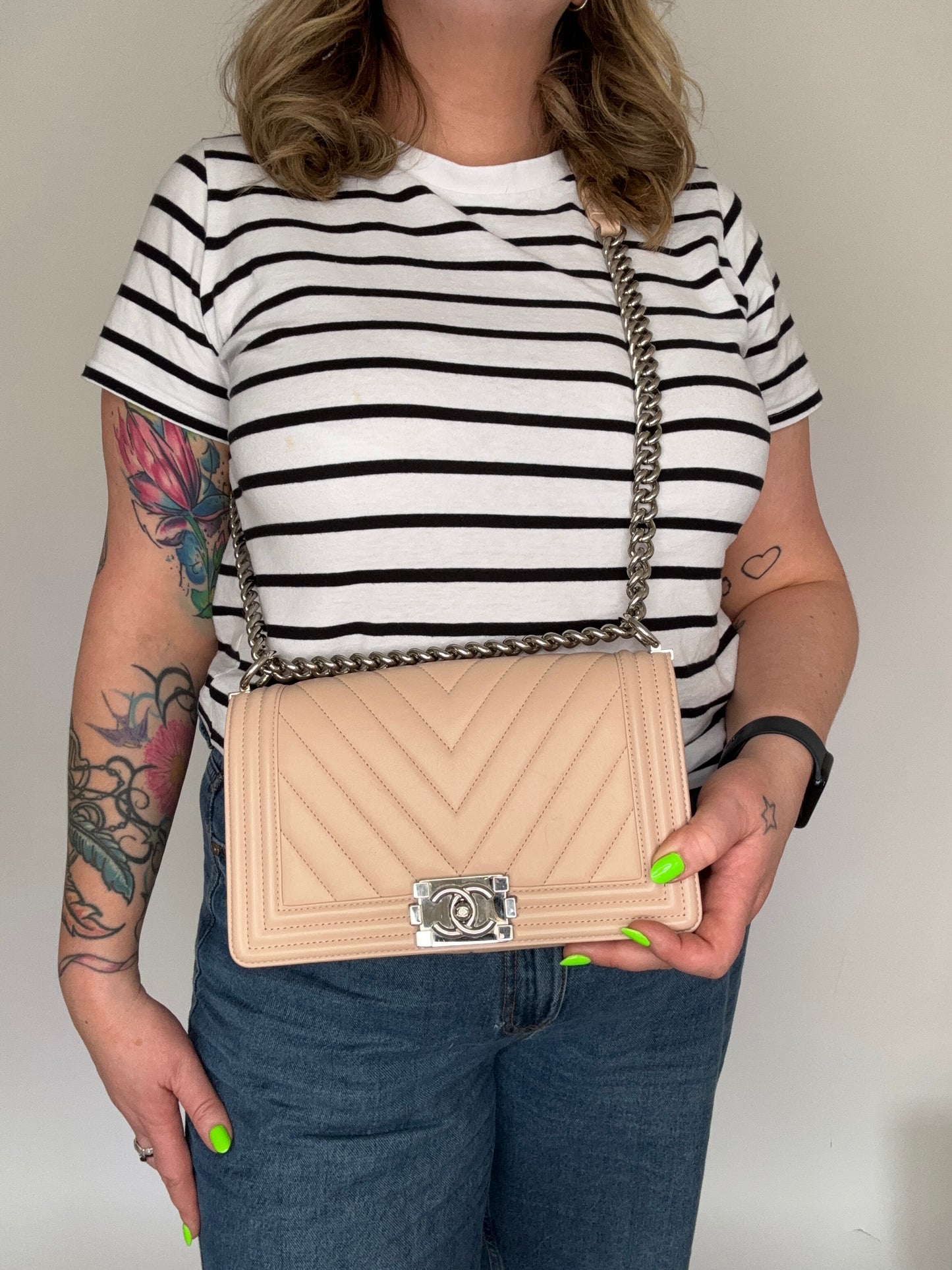Chanel Boy Bag New Medium Beige Chevron With Silver Hardware 2016