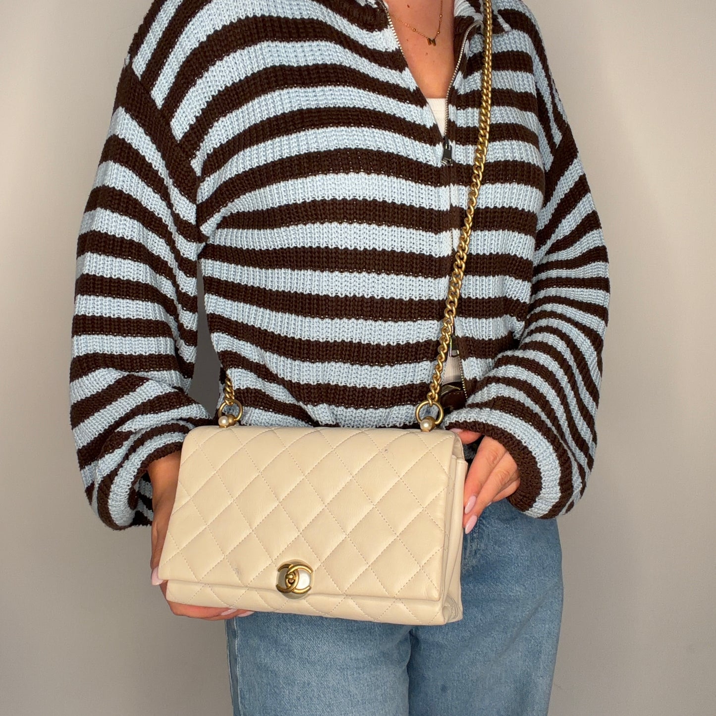 Chanel Pearl CC Accordian Flap Bag Ivory GHW 19/20
