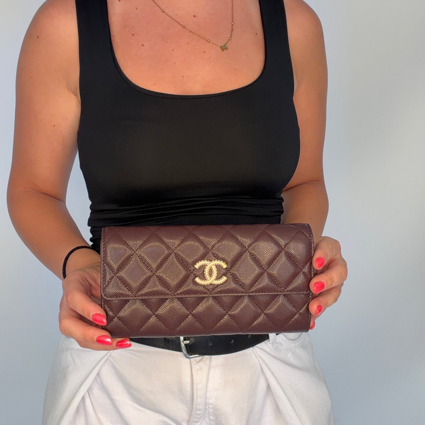 Chanel Long Flap Wallet with Textured CC Burgundy Caviar (NFID)