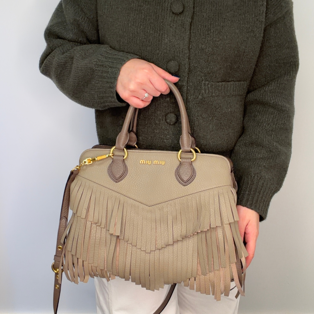 Miu Miu Fringed Tote With Strap Grey