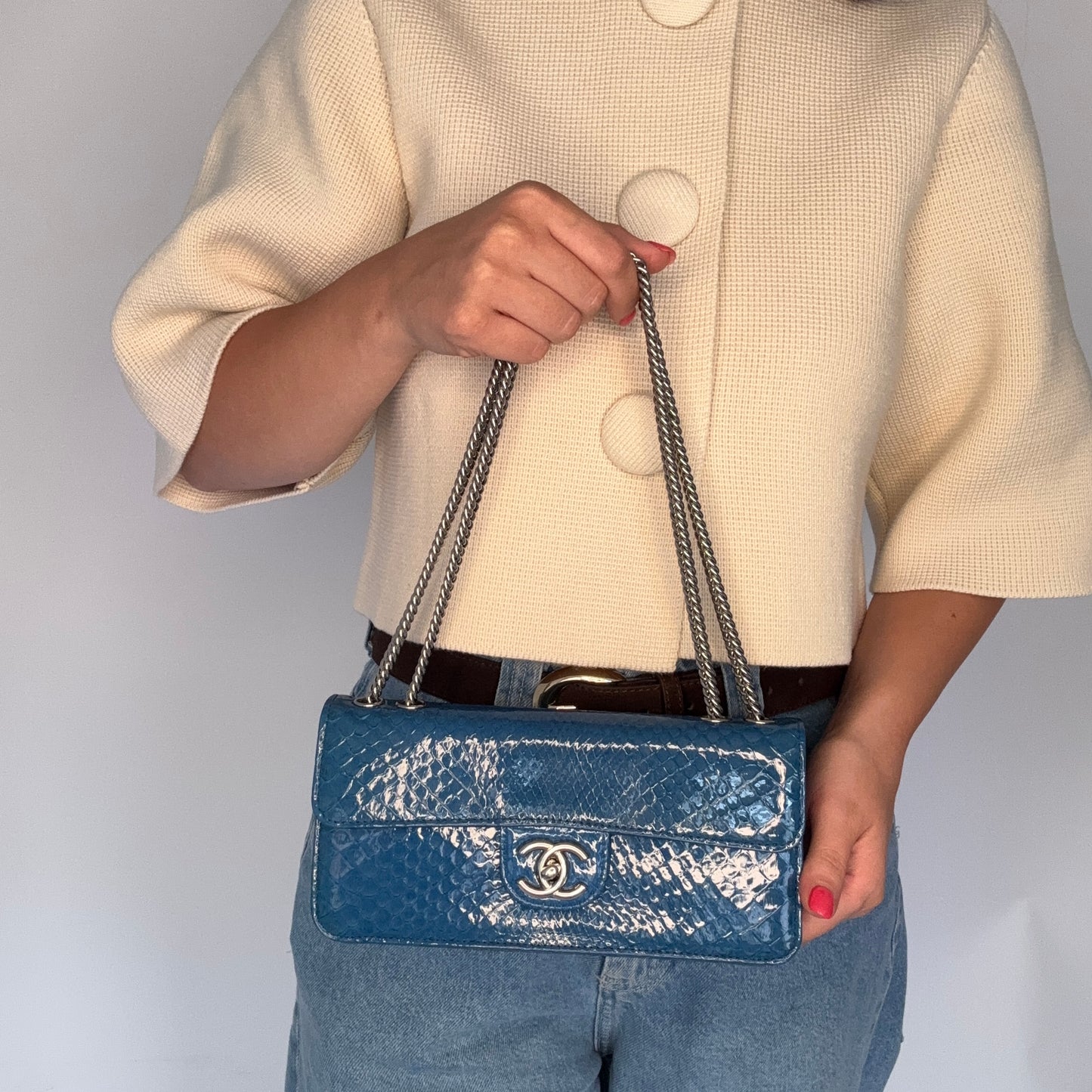 Chanel East West Blue Python Flap Bag Vintage 2008