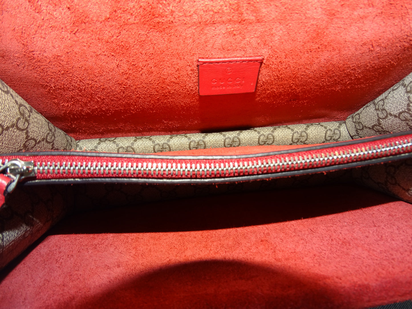Gucci Dionysus Medium Shoulder Bag – GG Supreme Canvas with Red Suede Panel