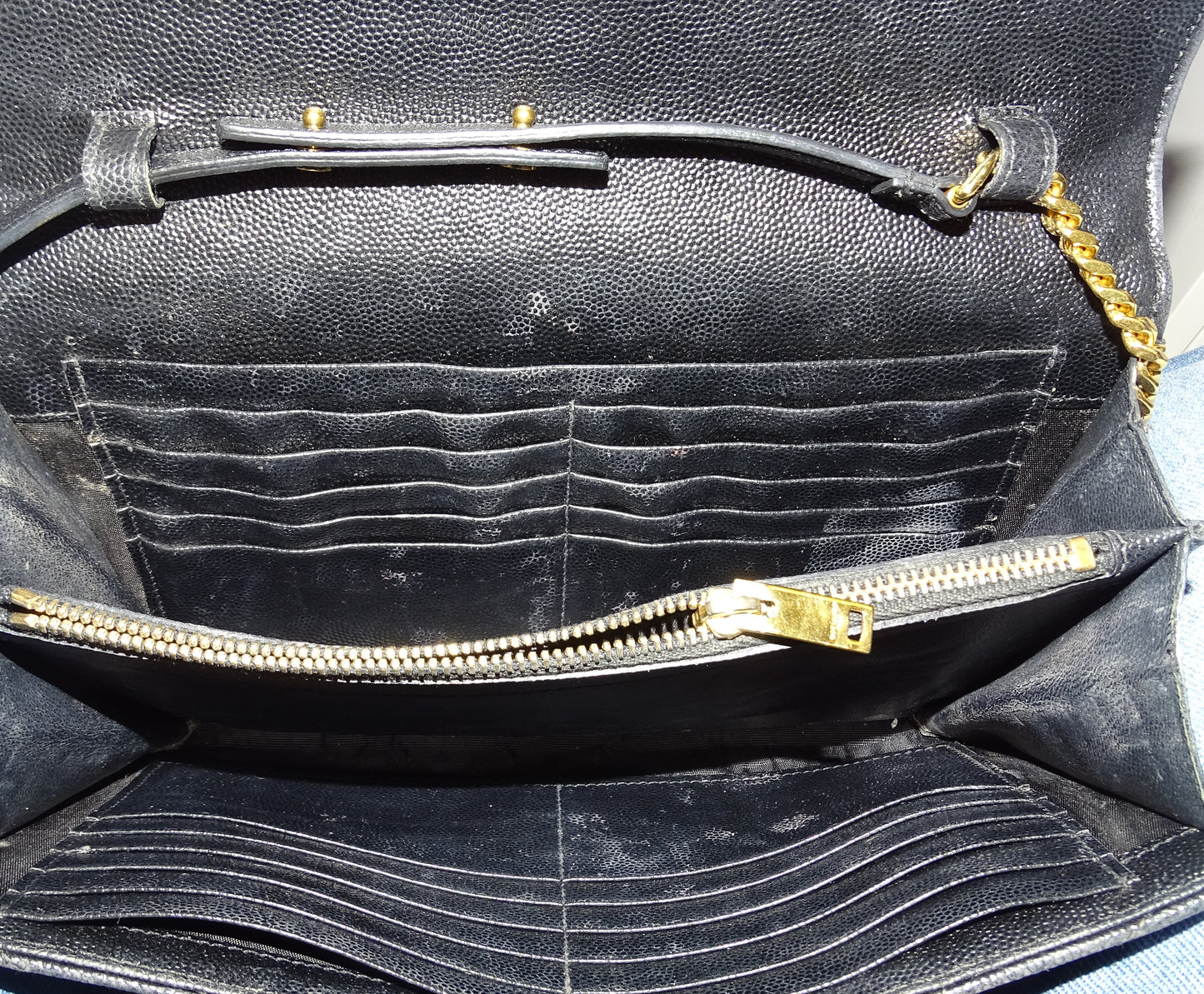 Saint Laurent Cassandre Wallet On Chain Black Grain De Poudre Gold Hardware