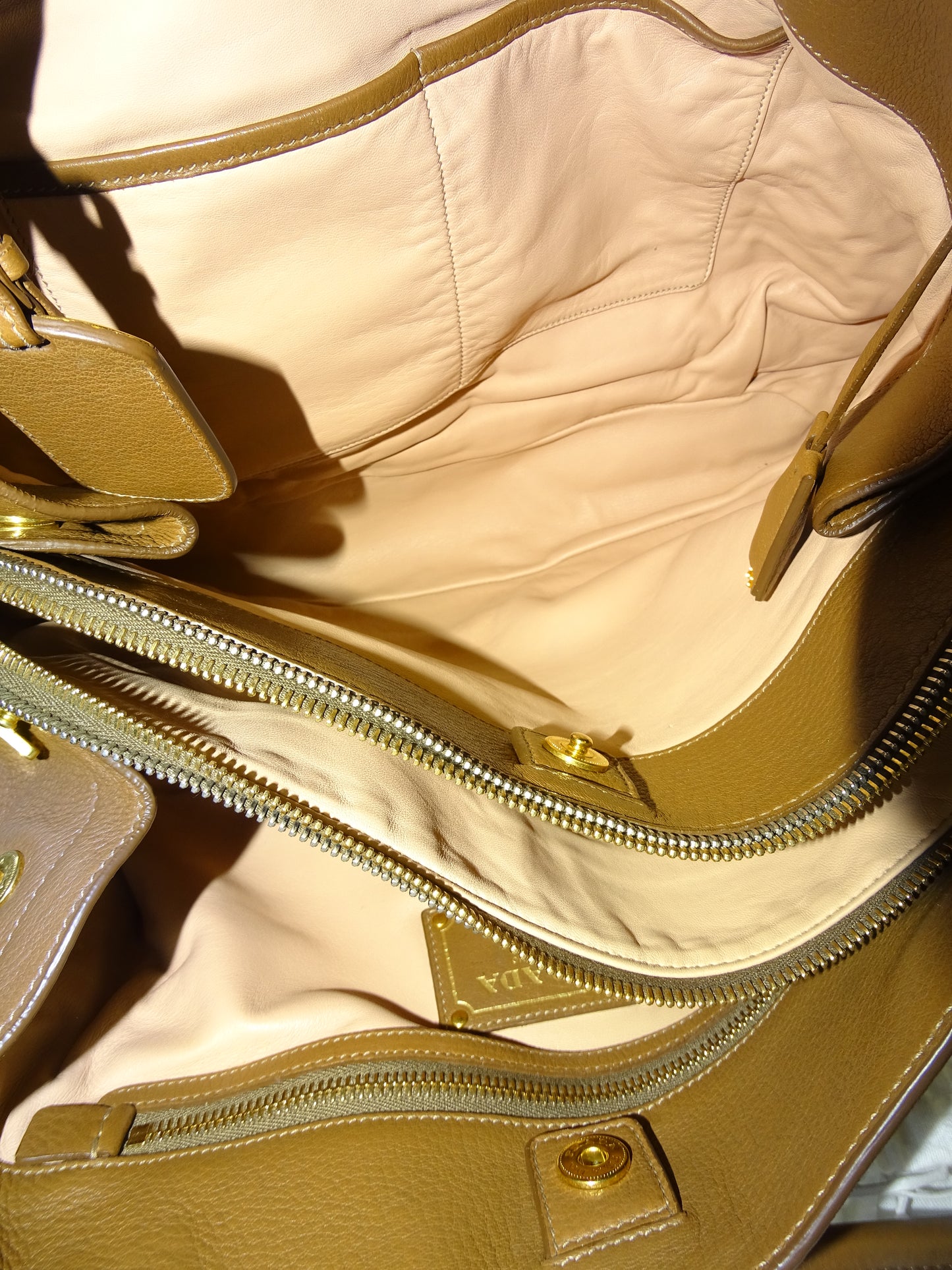 Prada Shoulder Bag Dual Zip Tan GHW