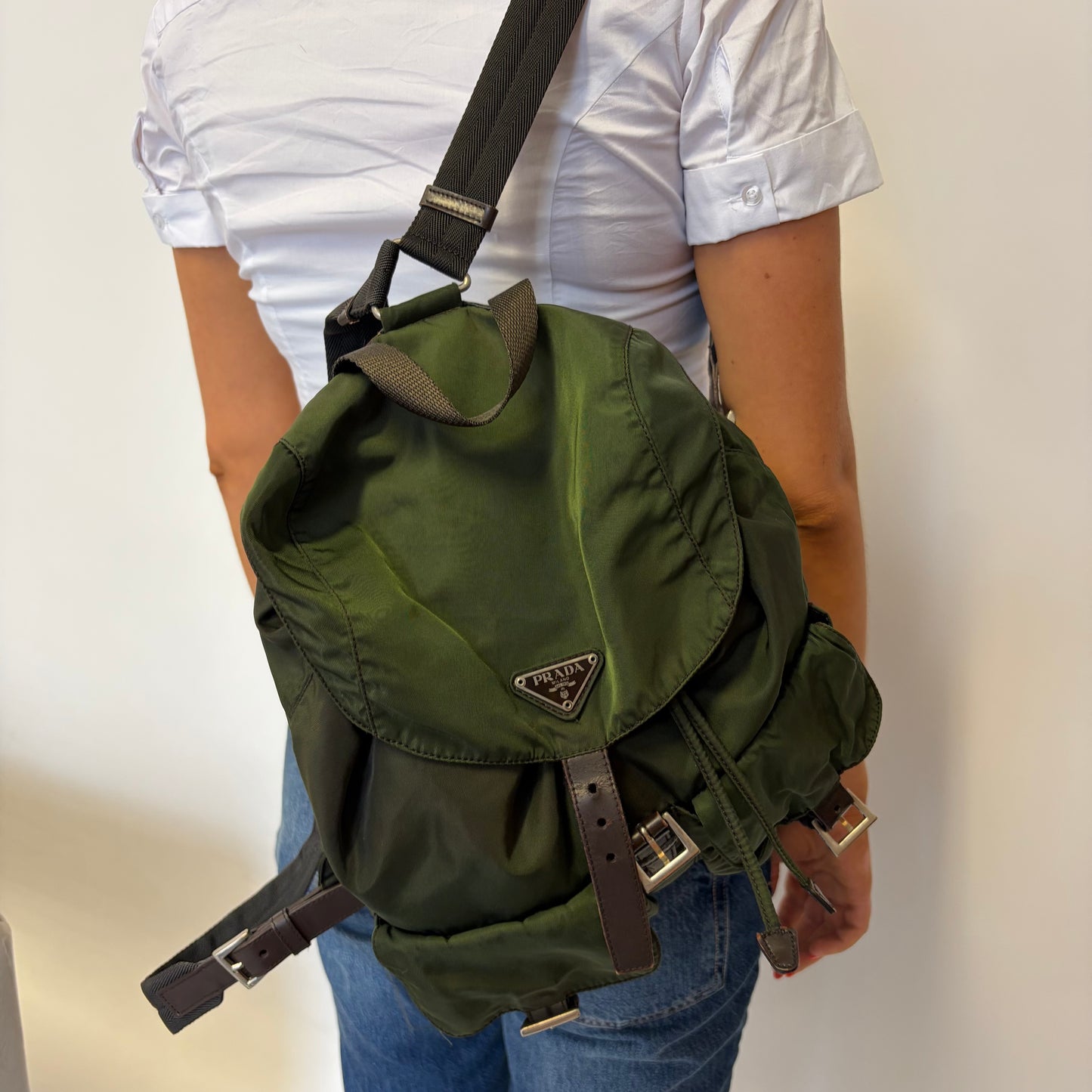 Prada Twin Pocket Backpack Green Nylon and Brown Leather