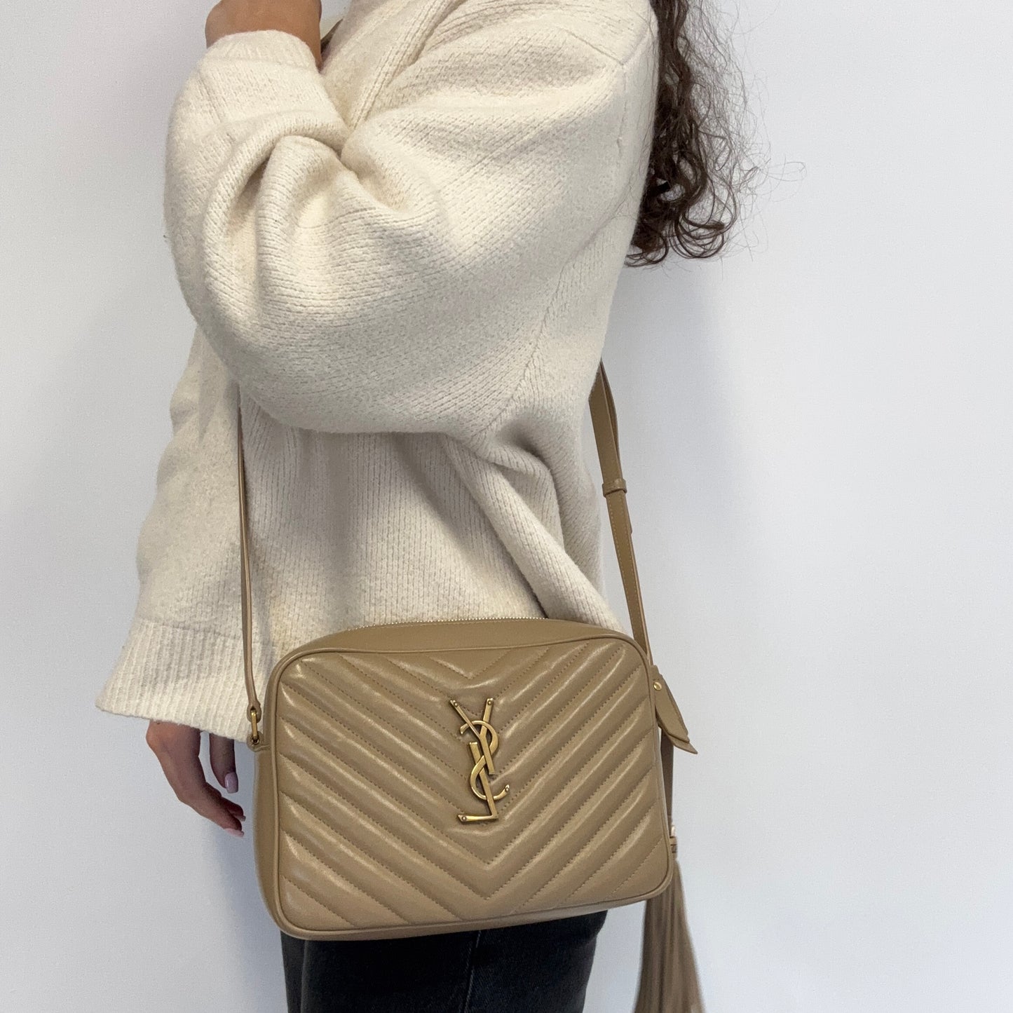 Saint Laurent Lou Camera Bag Chevron Dark Beige