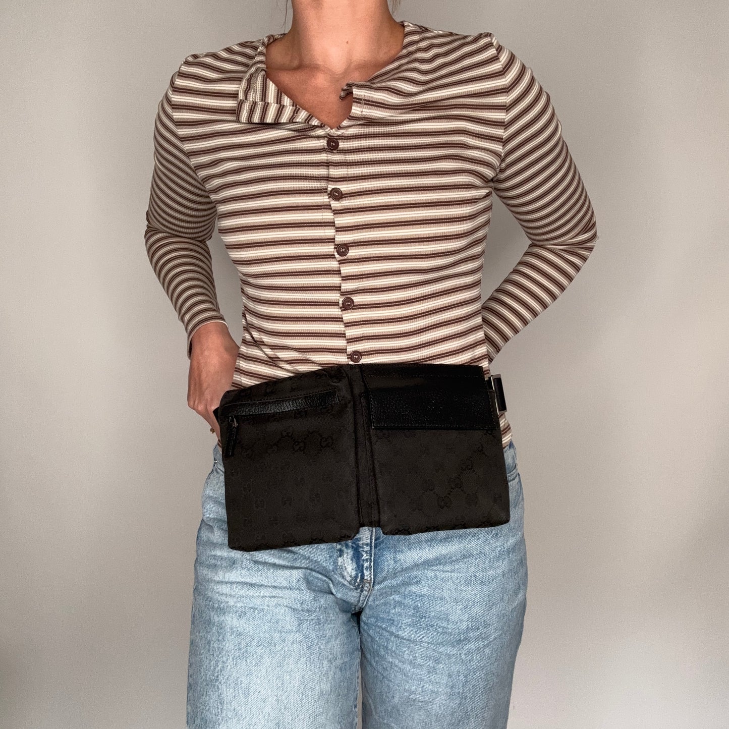 Gucci Double Pocket Waist Bag Black GG Canvas