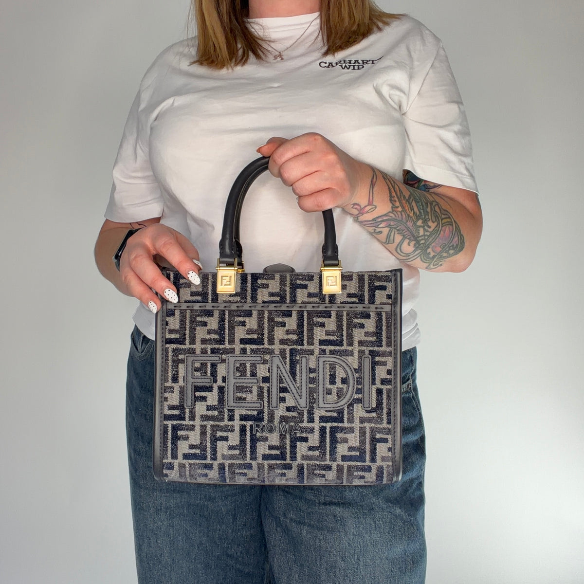 Fendi Sunshine Small Tote Navy Velour/Canvas/Leather