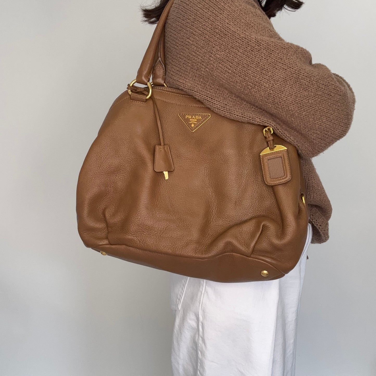 Prada Shoulder Bag Dual Zip Tan GHW