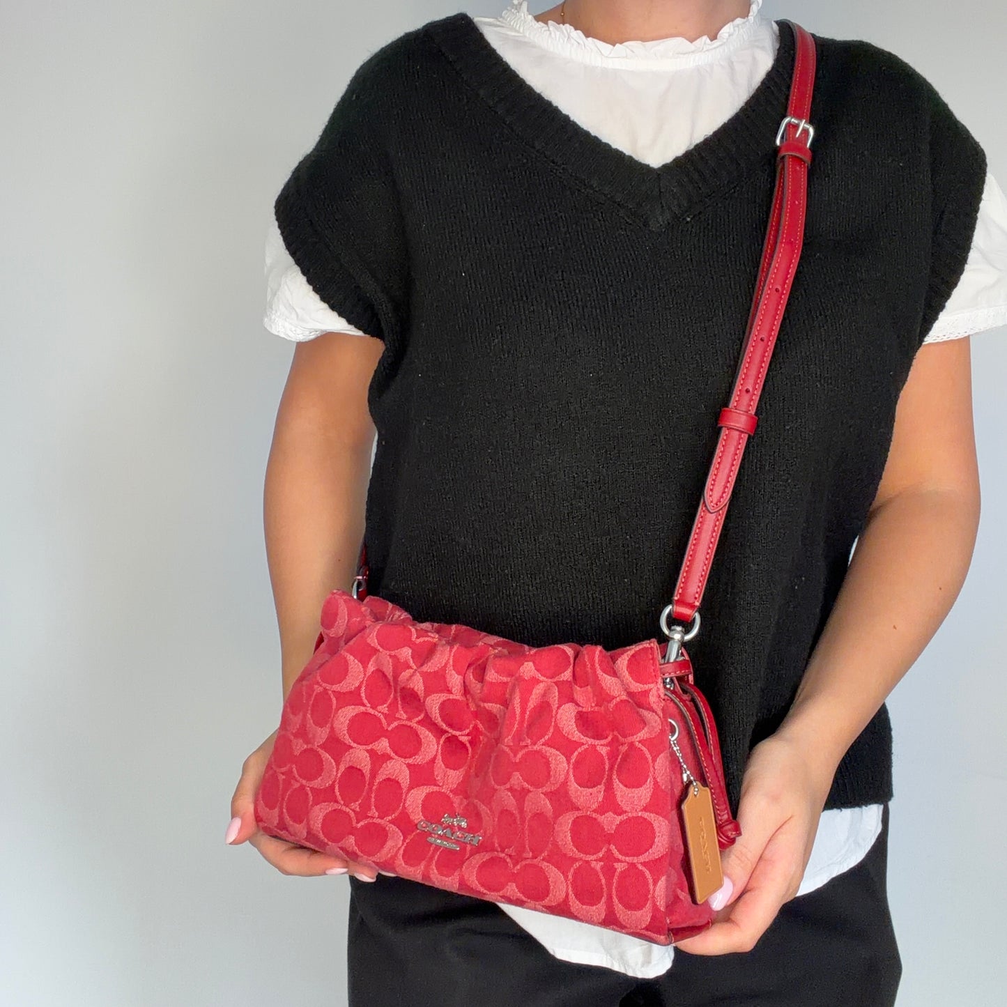 Coach Faye Pouch Shoulder Bag Red Signature Denim
