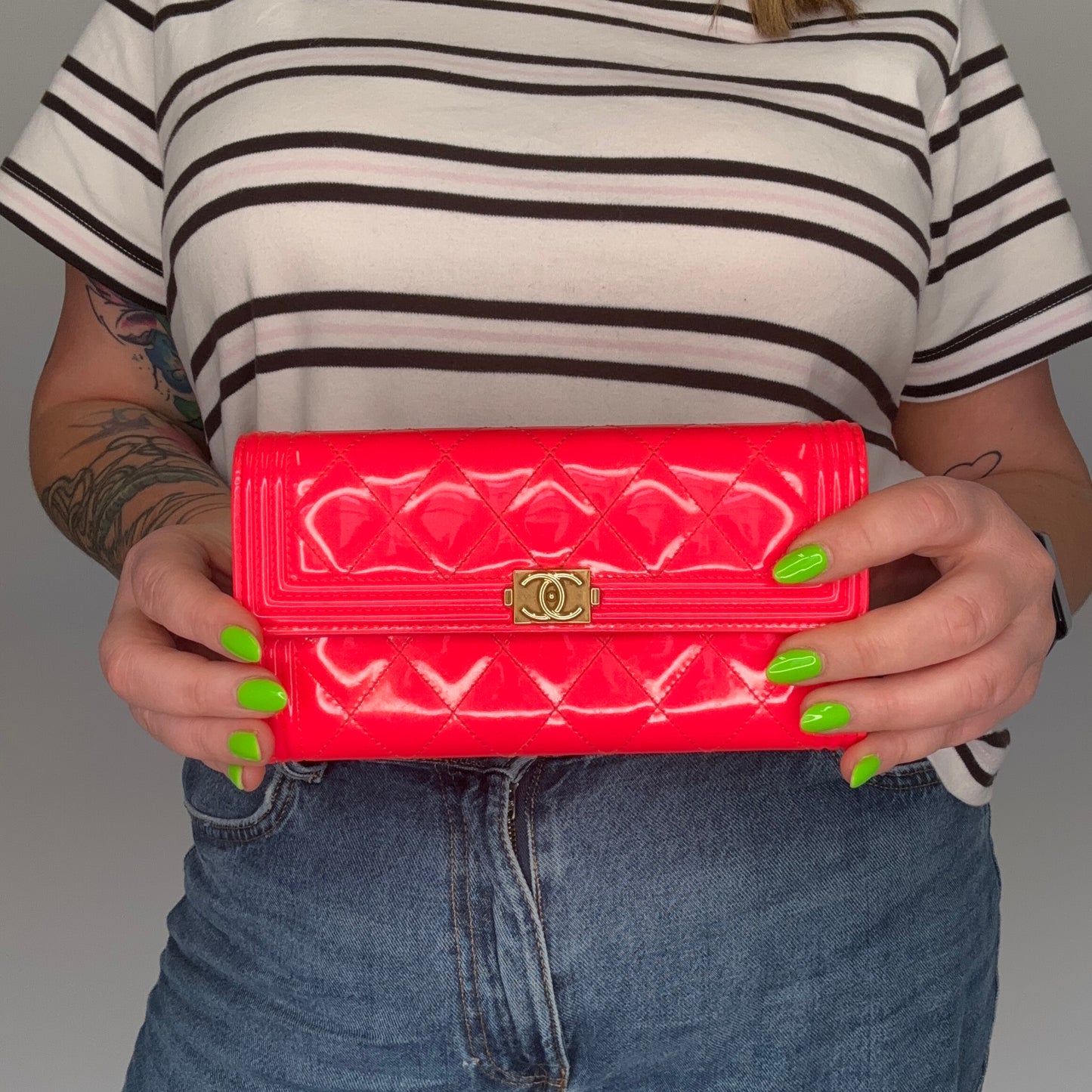 Chanel Boy Wallet Long Flap Neon Pink Patent 2016
