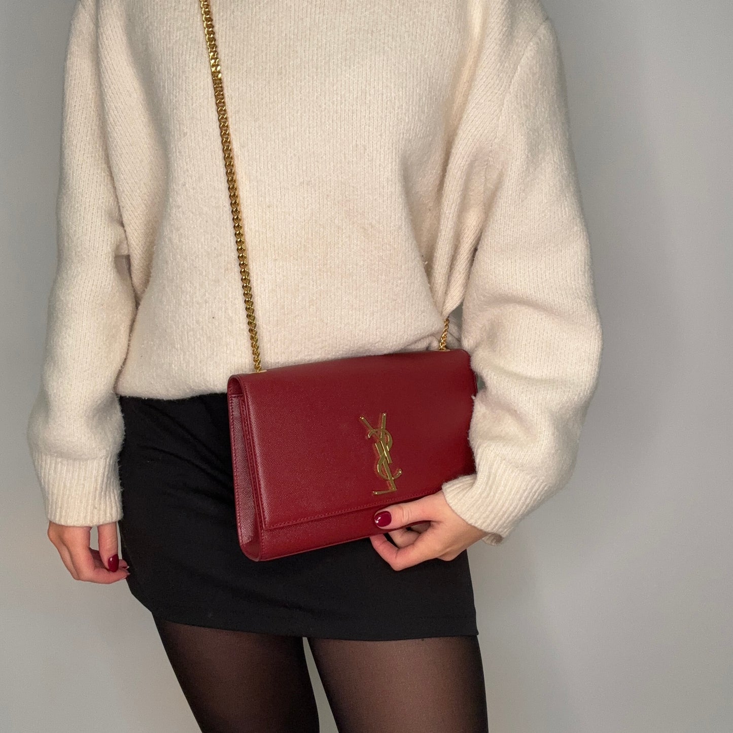 Saint Laurent Kate Burgundy In Grain De Poudre Leather