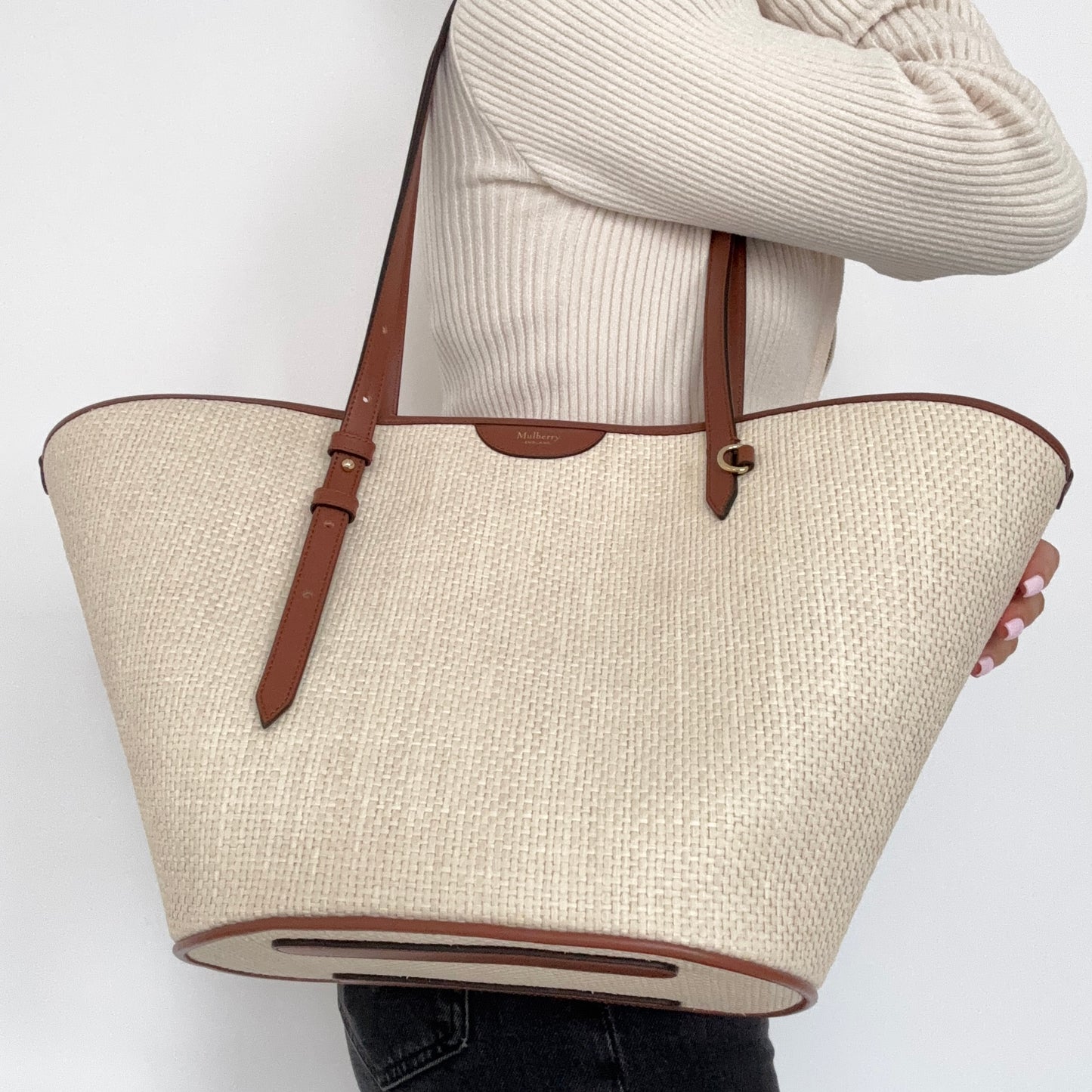 Mulberry Basket Tote Raffia and Oak Leather