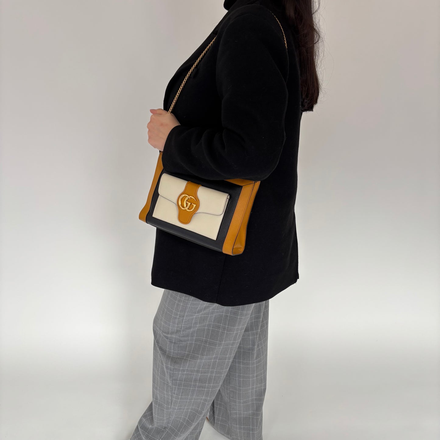 Gucci Black/Camal and Cream Leather Small GG Dahlia Shoulder Bag