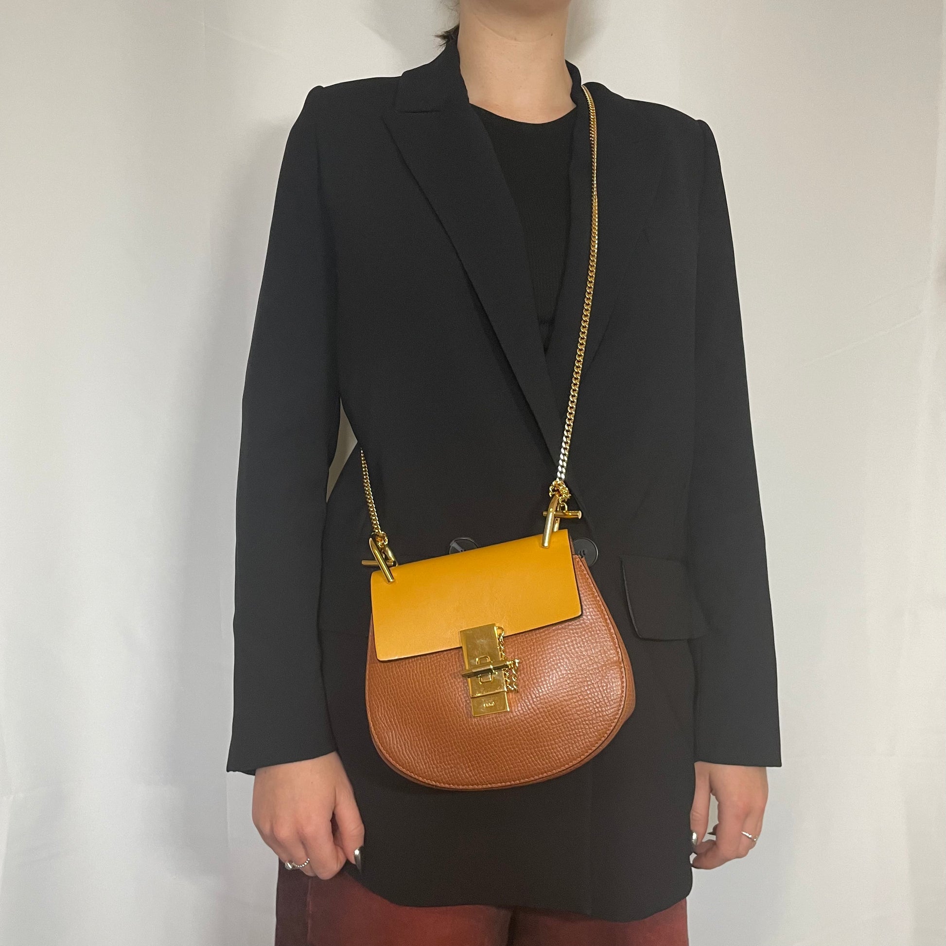 Chloe Tan Grained Leather and Mustard Smooth Leather Mini Drew