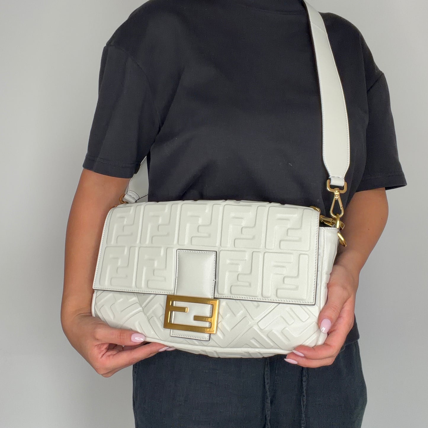 Fendi Bauette Large White Lambskin Zucca Embossed