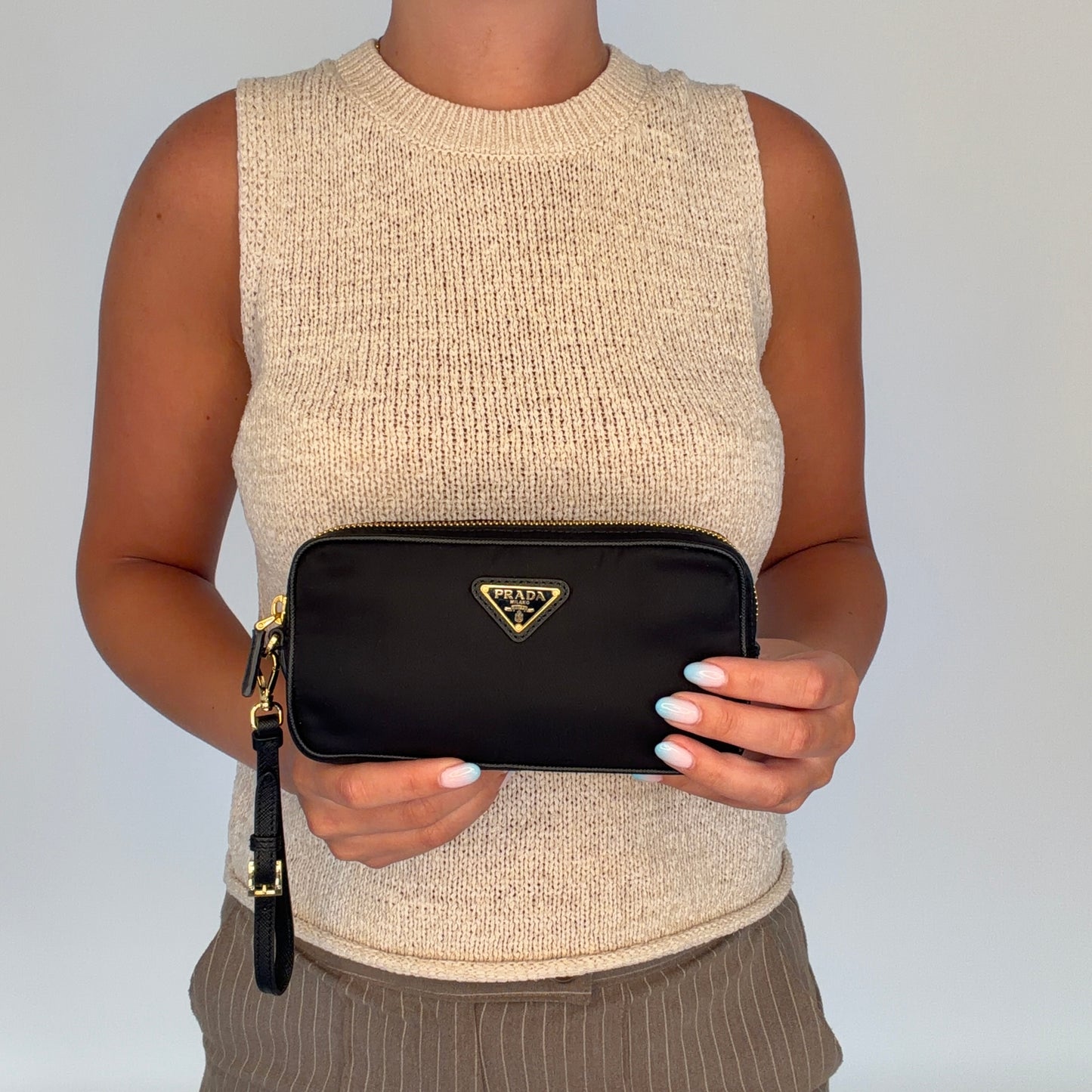 Prada Small Pouch Wristlet Black Nylon and Saffiano