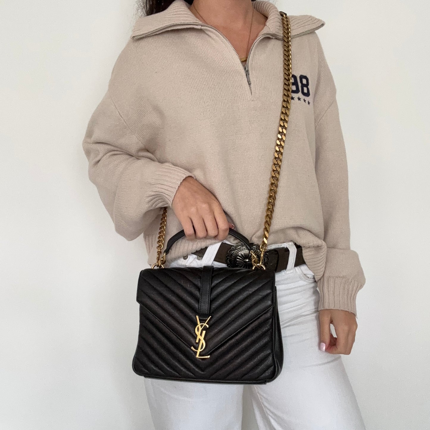 Saint Laurent College Chain Bag Medium Black Leather GHW