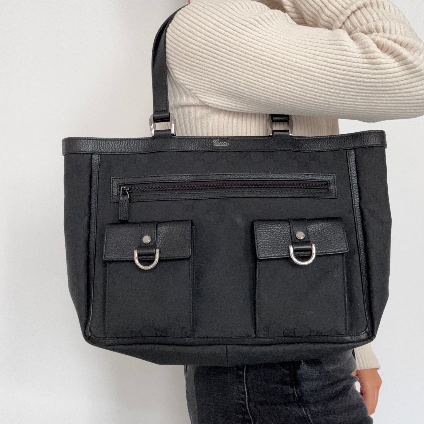 Gucci Abbey Pockets Tote Bag Black GG Canvas