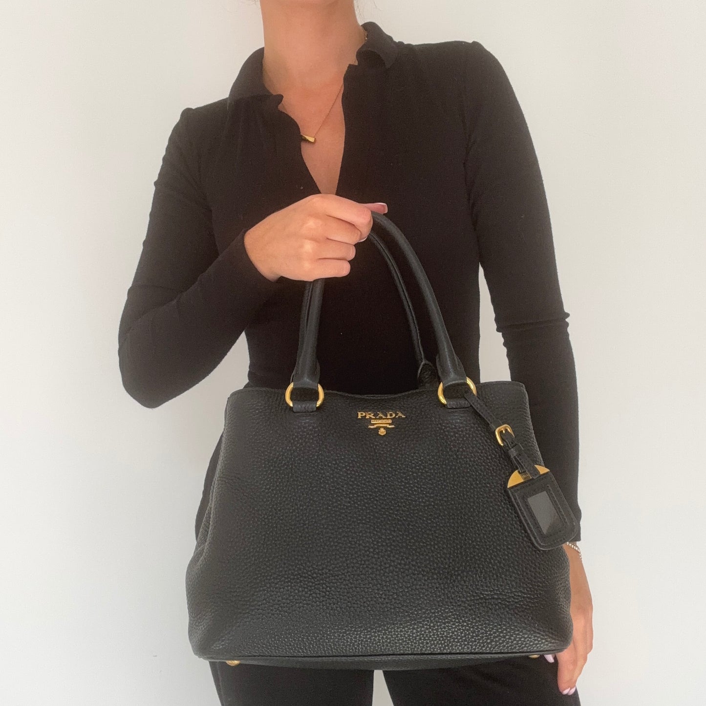 Prada Vitello Daino Small Tote Black  with Strap