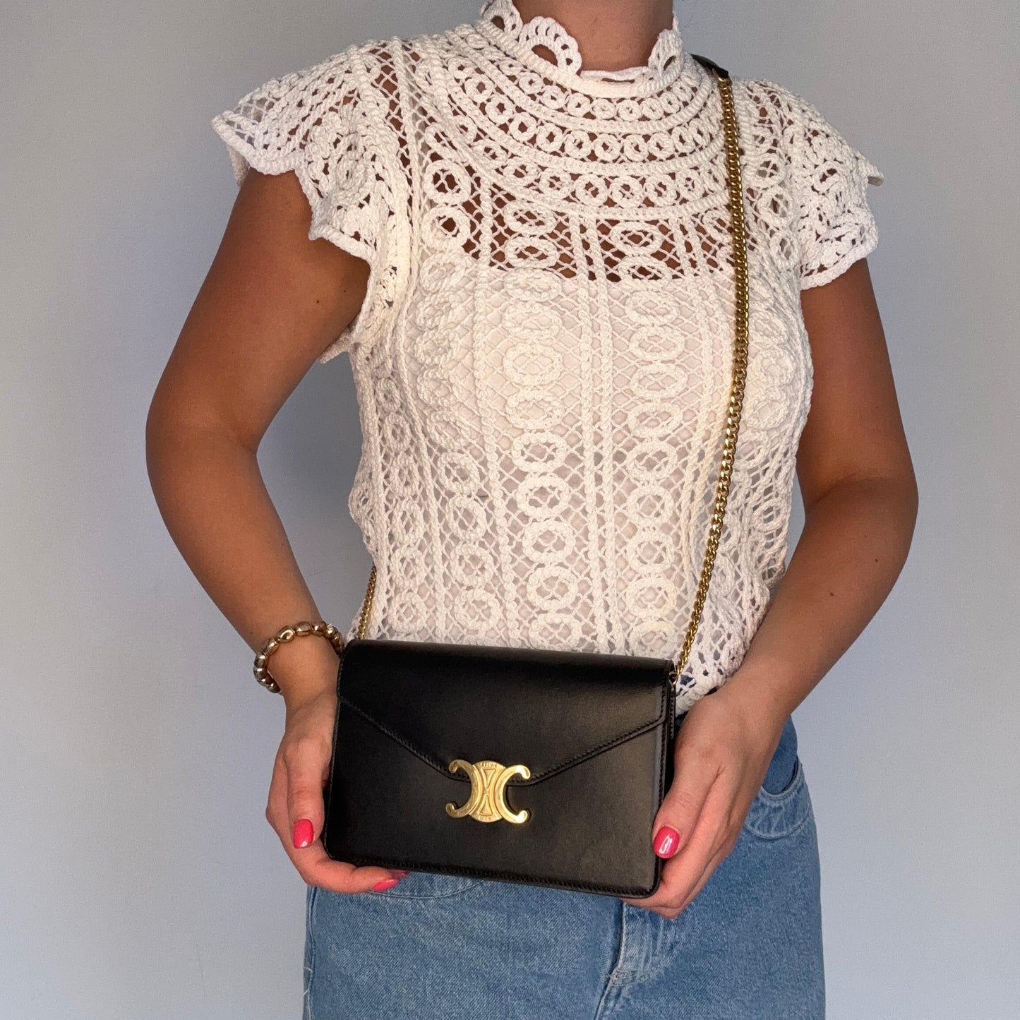 Celine Triomphe Margo Wallet On Chain In Black Shiny Calfskin